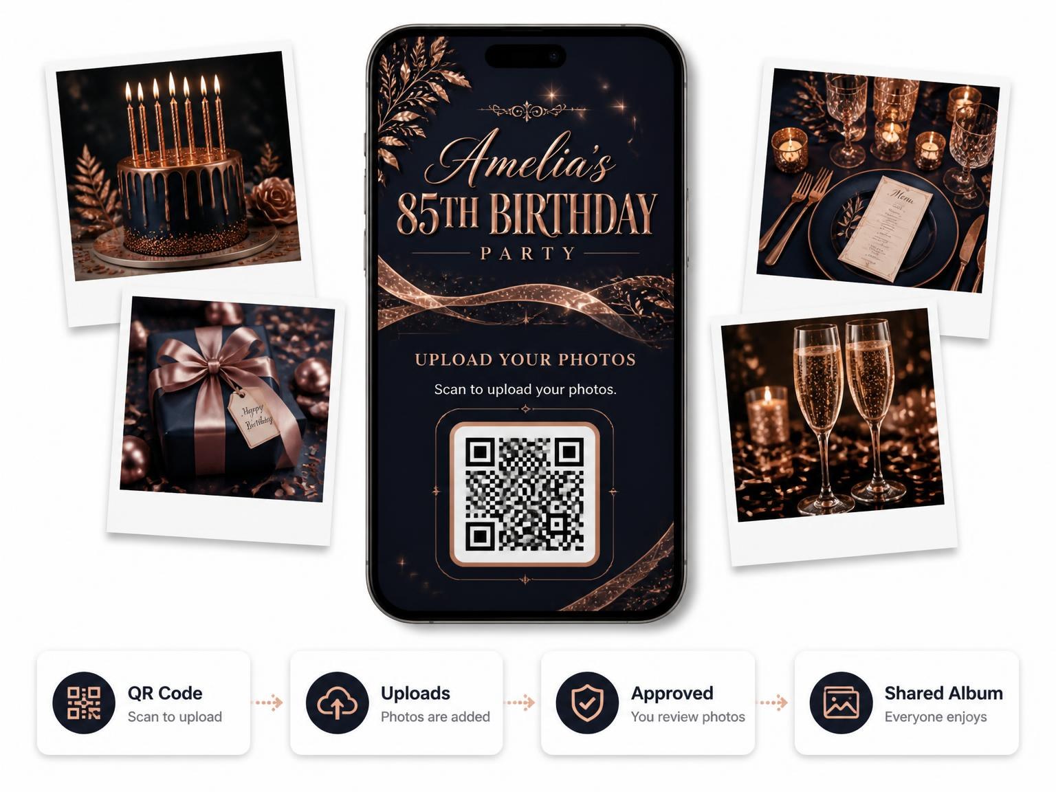 The shared photo gallery that comes with the Navy and Rose Gold 85th Birthday Invitation invitation