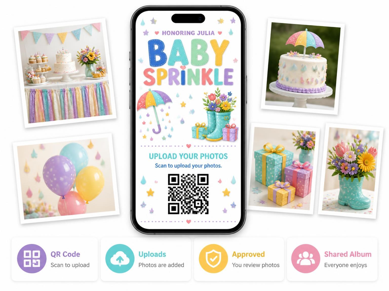 The shared photo gallery that comes with the Polka Dot Baby Sprinkle Invitation invitation