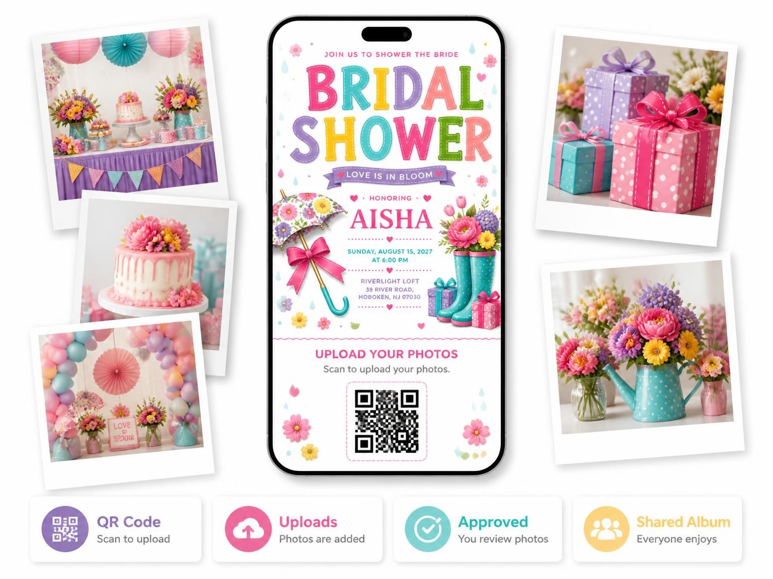 The shared photo gallery that comes with the Floral Umbrella Bridal Shower Invitation invitation