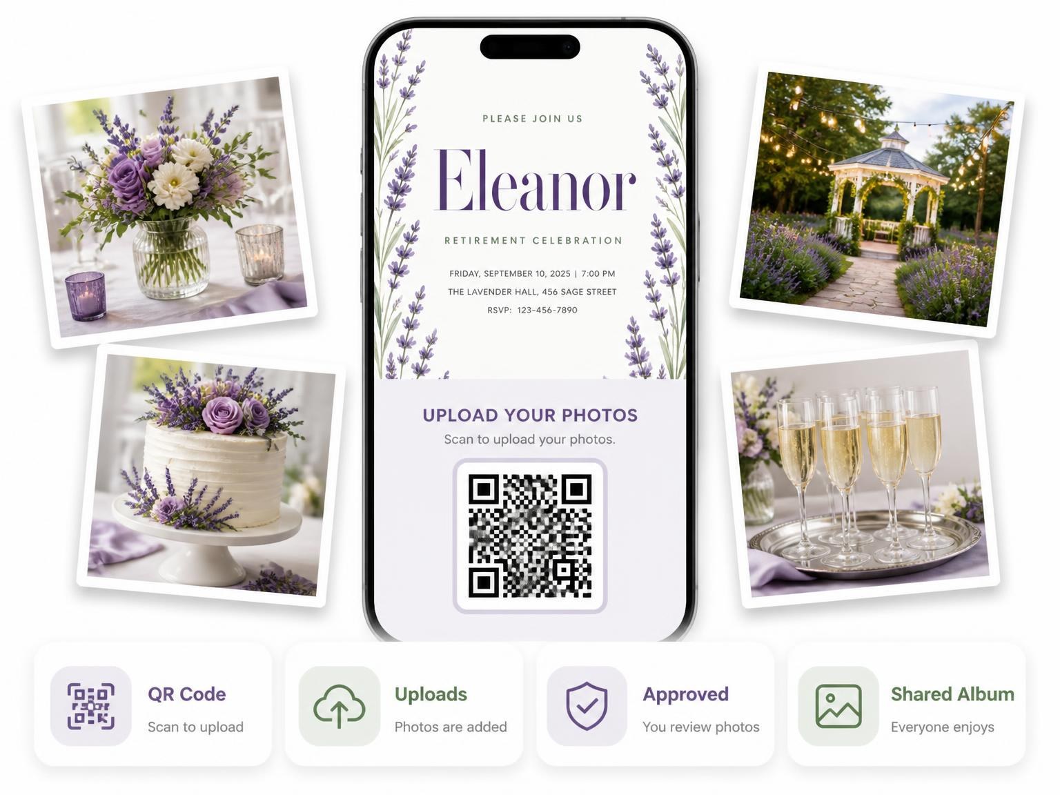 The shared photo gallery that comes with the Lavender Retirement Celebration Invitation invitation