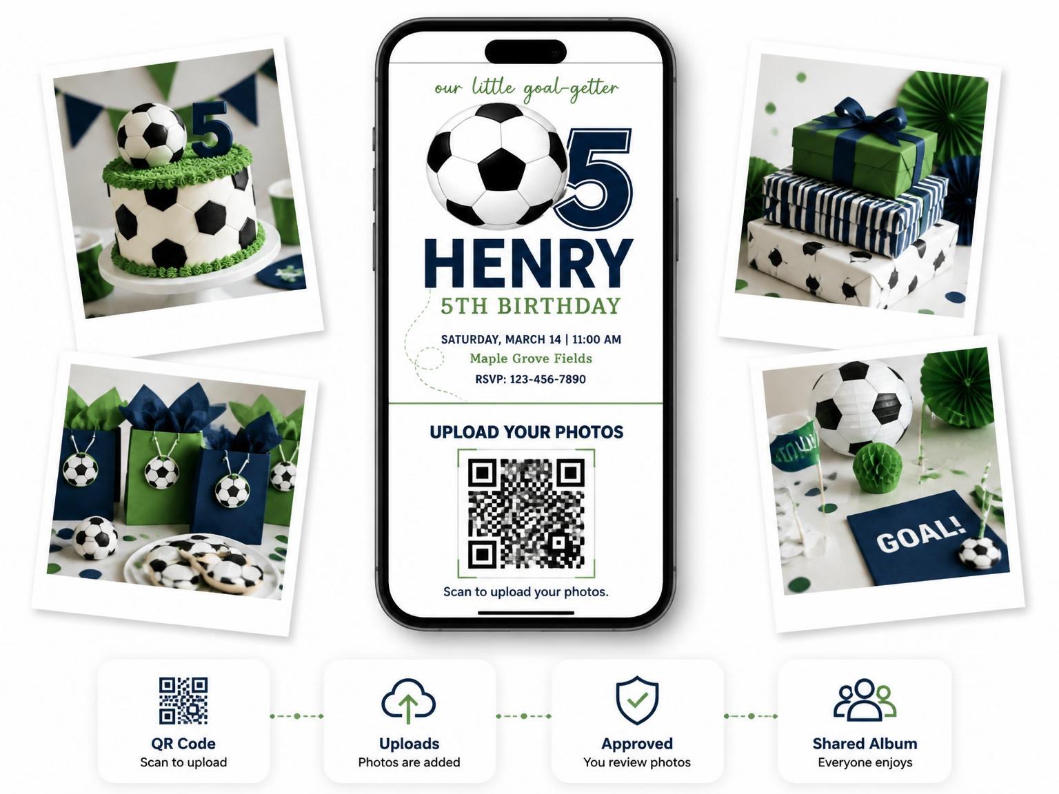The shared photo gallery that comes with the Navy Soccer Ball 5th Birthday invitation