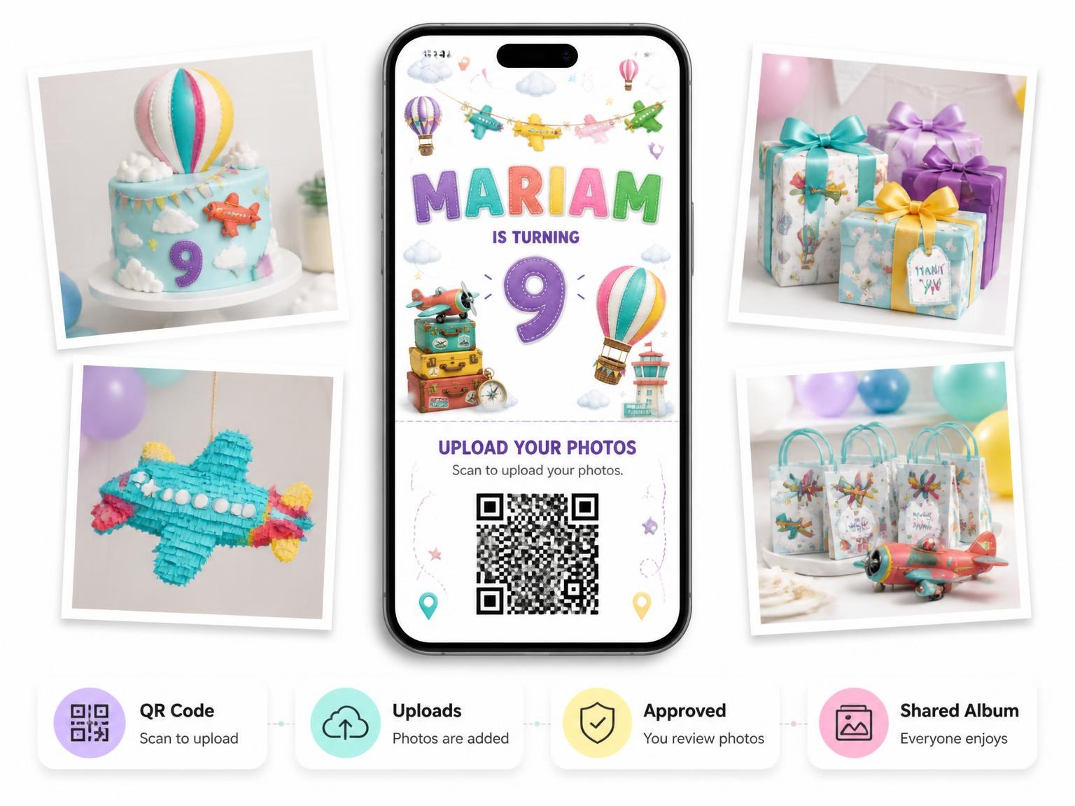 The shared photo gallery that comes with the Stitched Up and Away 9th Birthday Invitation invitation