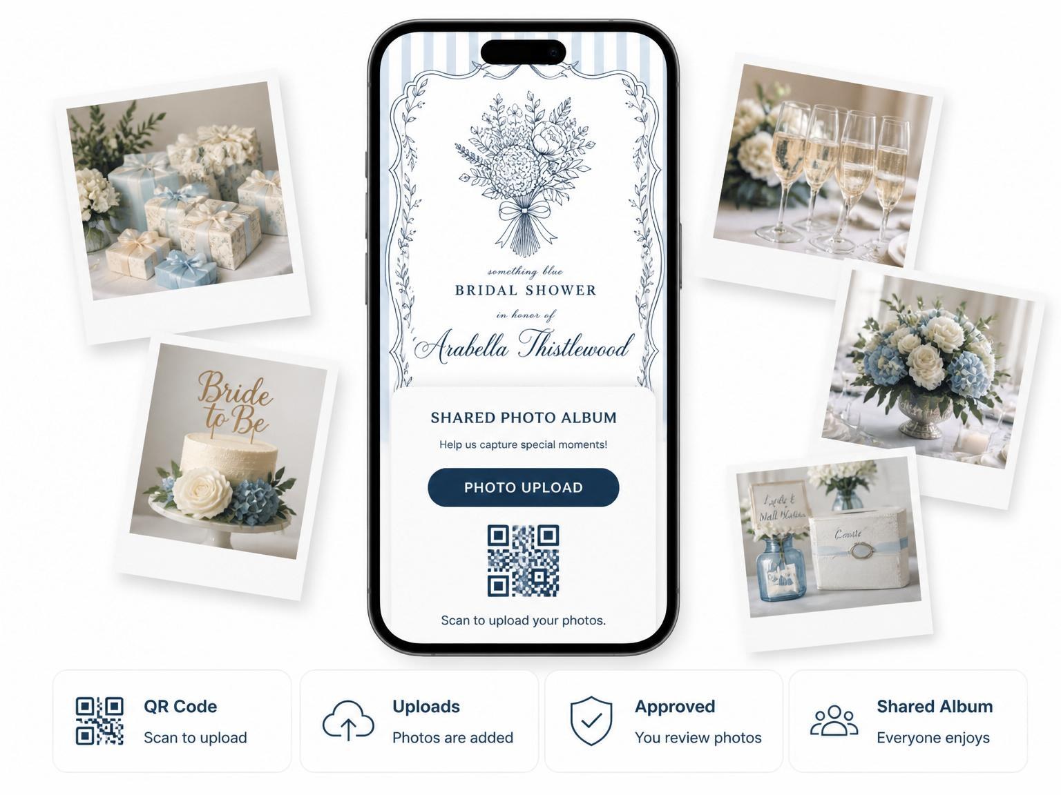 The shared photo gallery that comes with the Navy Blue Botanical Bridal Shower invitation