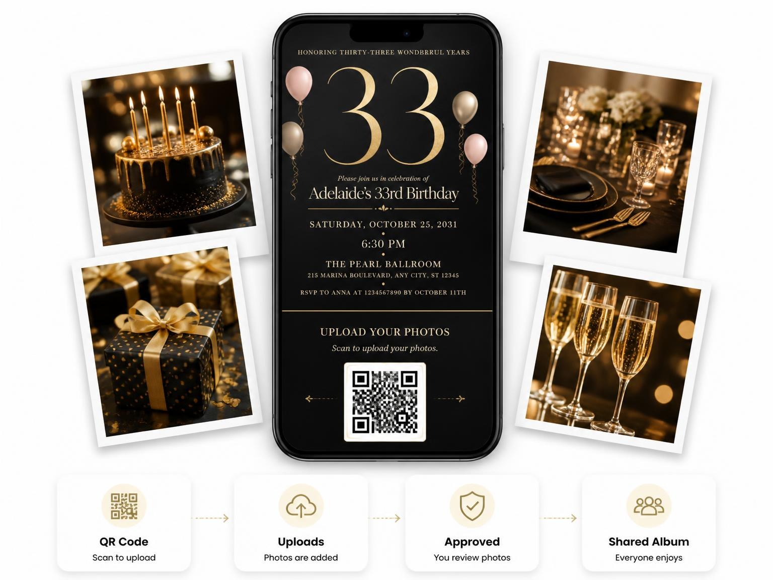 The shared photo gallery that comes with the Charcoal and Blush 33rd Birthday Invitation invitation