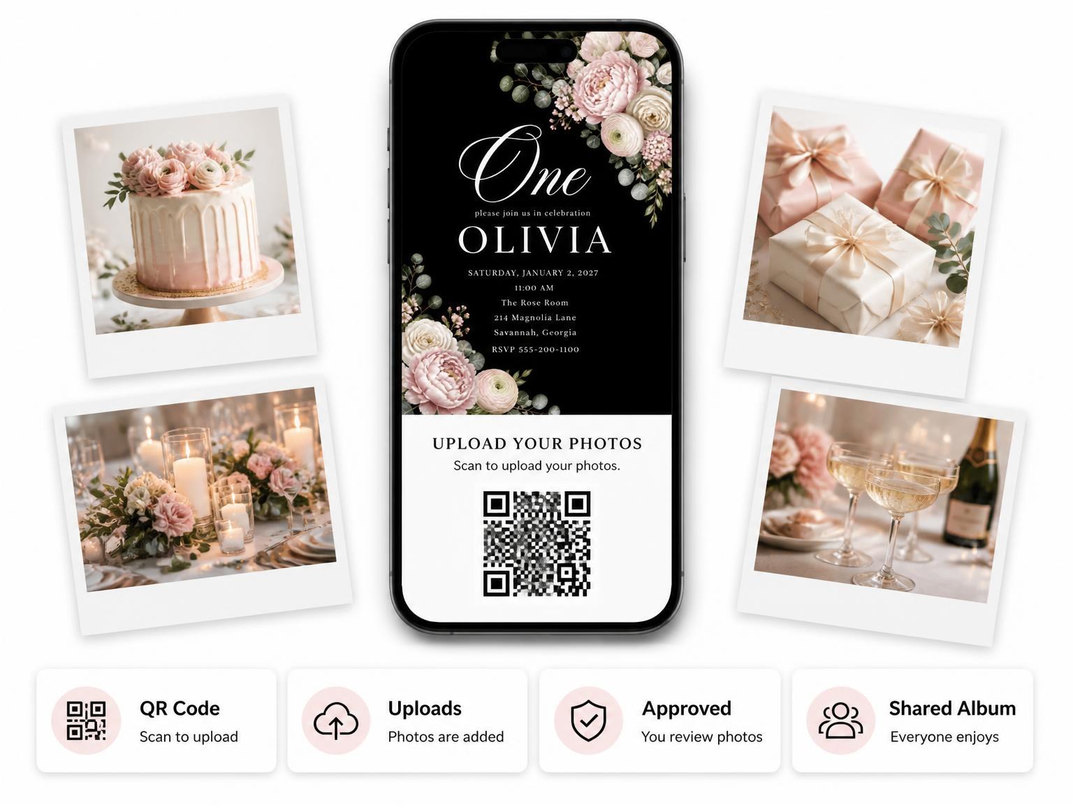 The shared photo gallery that comes with the Black Floral 1st Birthday Invitation invitation