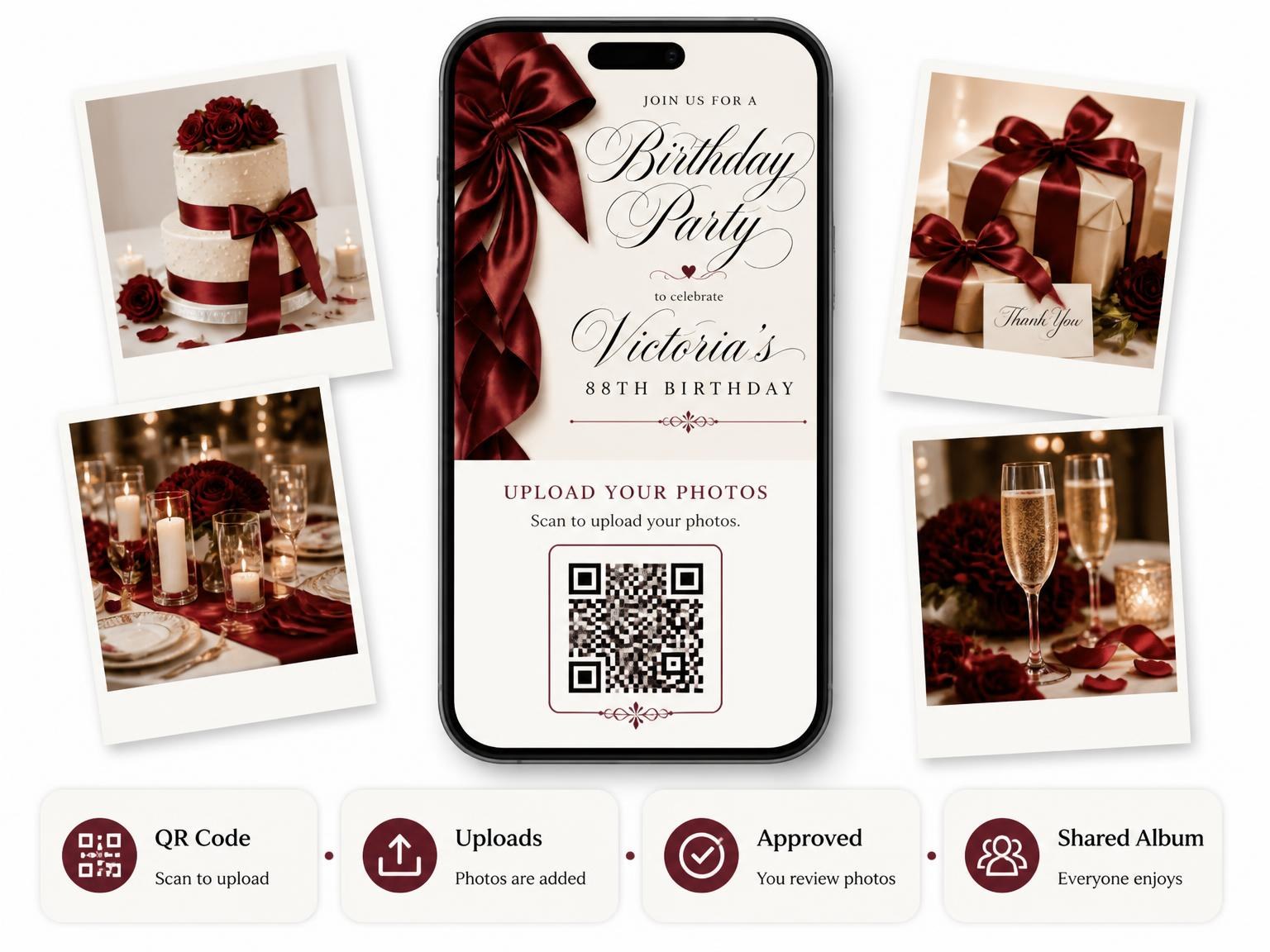 The shared photo gallery that comes with the Burgundy Satin Bow 88th Birthday Invitation invitation