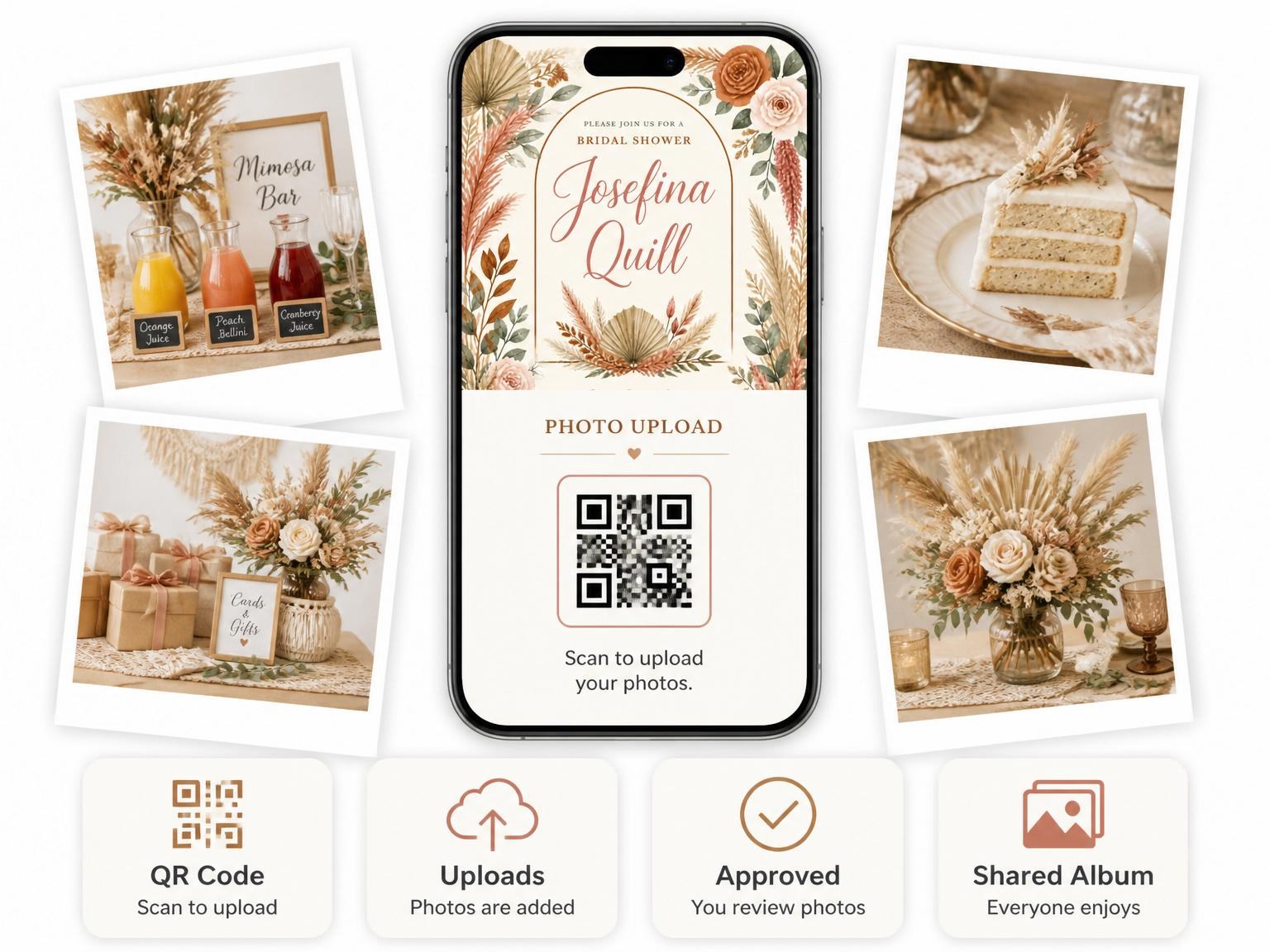 The shared photo gallery that comes with the Terracotta Pampas Grass Bridal Shower invitation