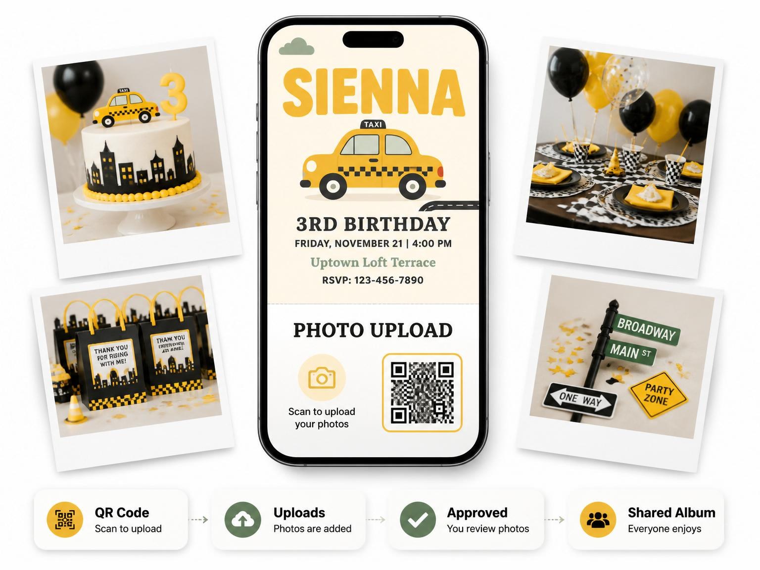 The shared photo gallery that comes with the Yellow Taxi Cab 3rd Birthday invitation
