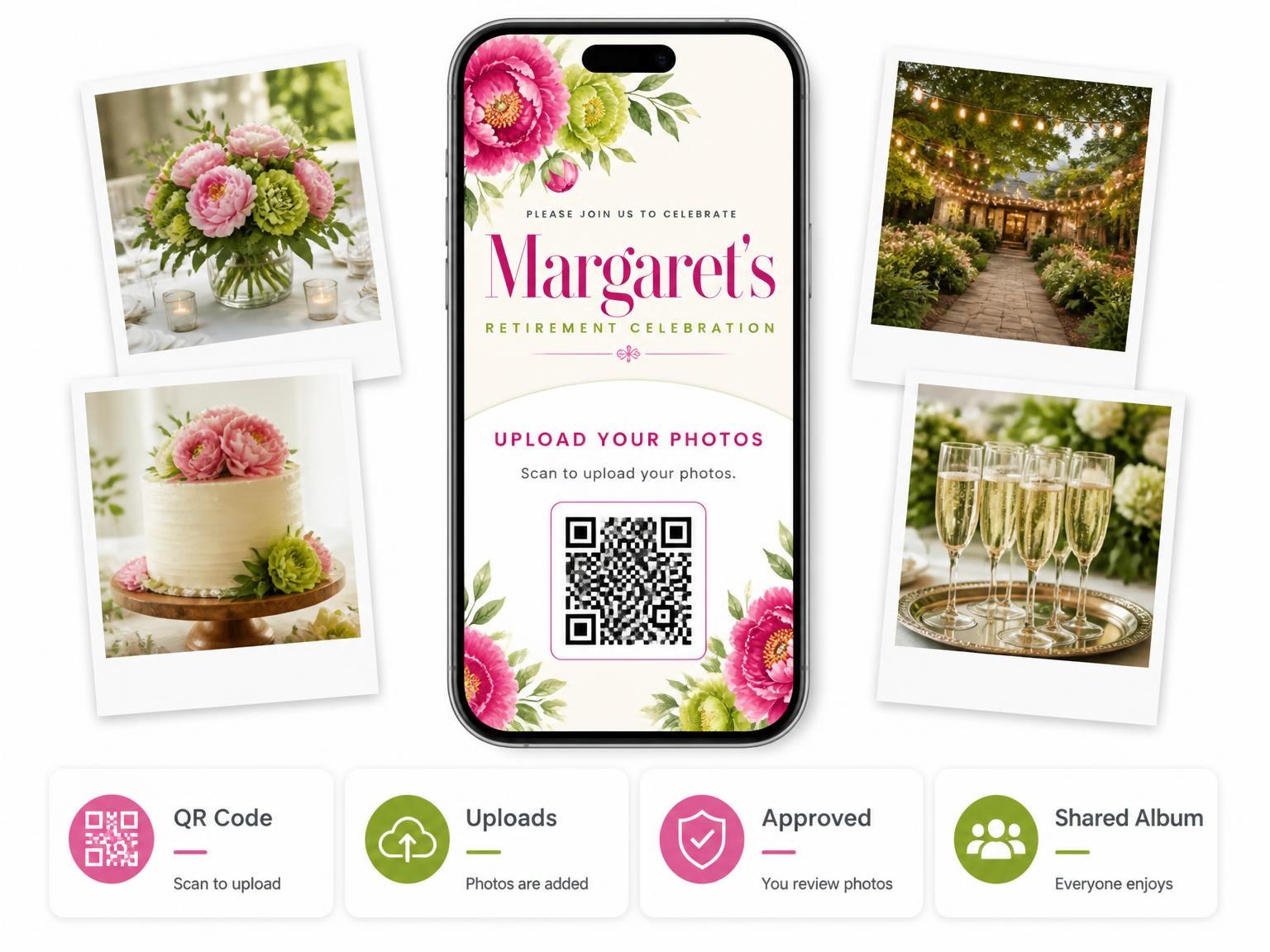 The shared photo gallery that comes with the Peony Floral Retirement Celebration Invitation invitation