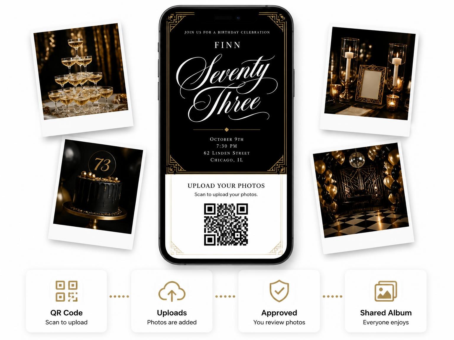 The shared photo gallery that comes with the Art Deco 73rd Birthday Invitation invitation