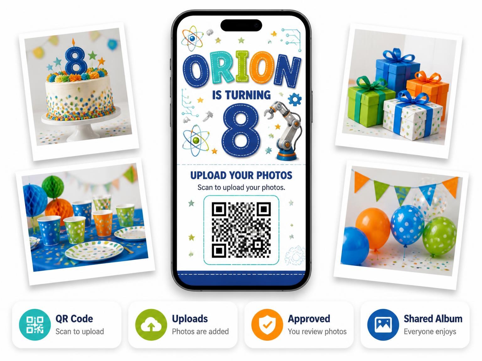The shared photo gallery that comes with the Lab Equipment Stitched 8th Birthday Invitation invitation