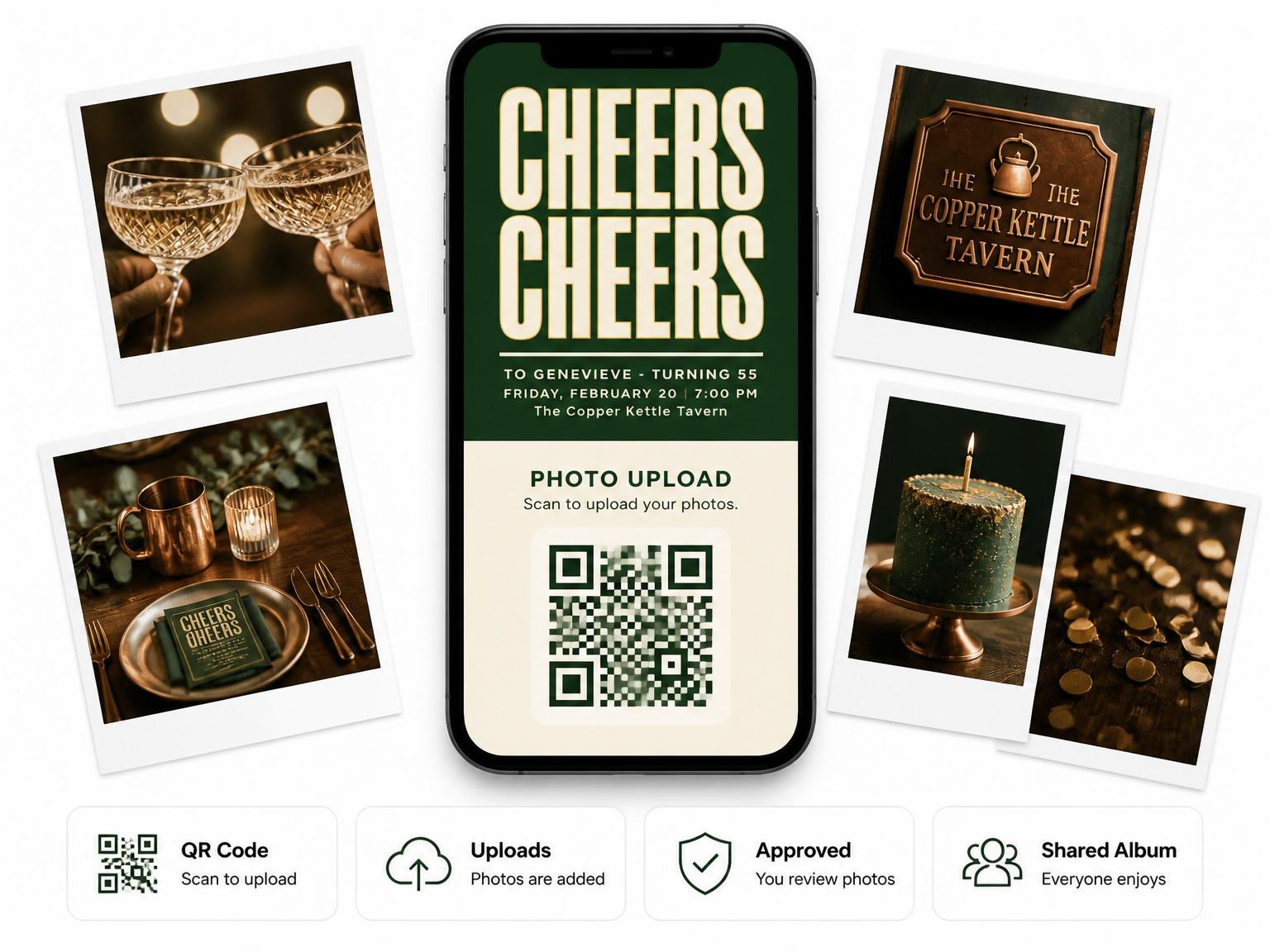 The shared photo gallery that comes with the Forest Green Block Typography 55th Birthday invitation