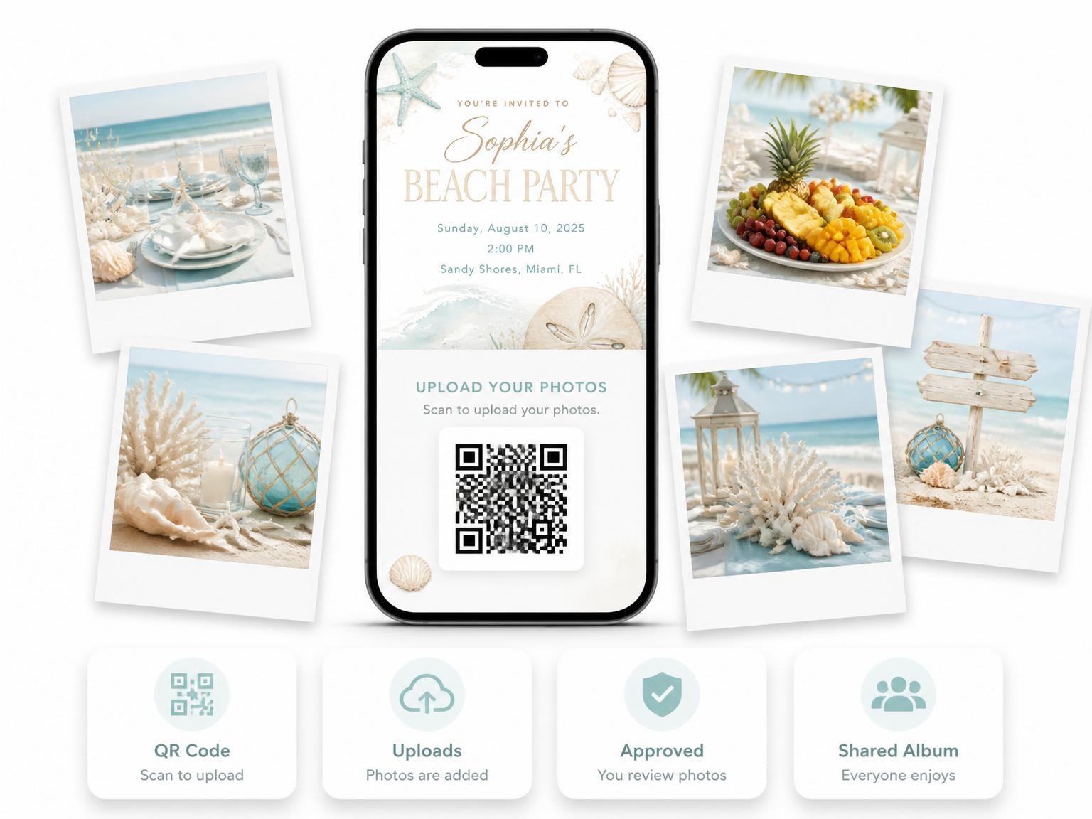The shared photo gallery that comes with the Watercolor Starfish Shell Beach Party invitation