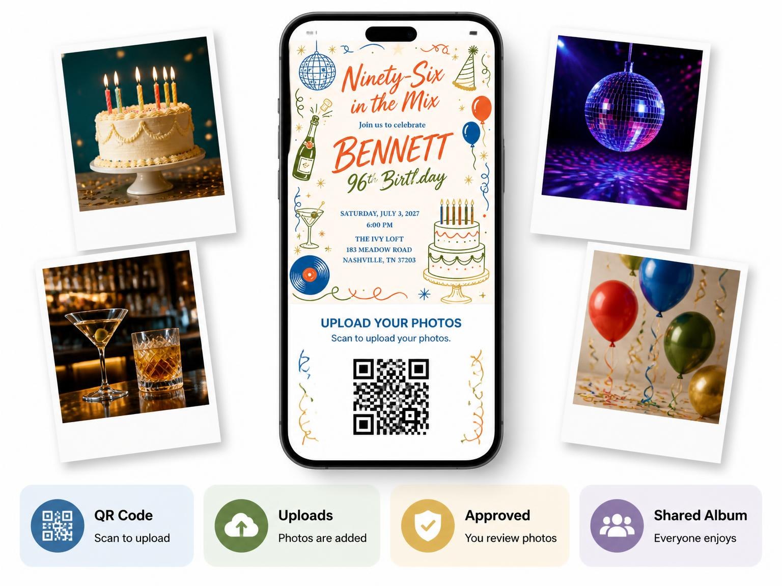 The shared photo gallery that comes with the Retro Doodle 96th Birthday Invitation invitation