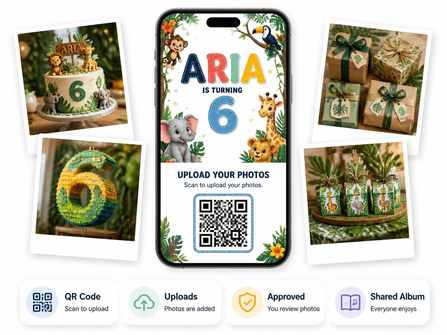 The shared photo gallery that comes with the Stitched Safari 6th Birthday Invitation invitation