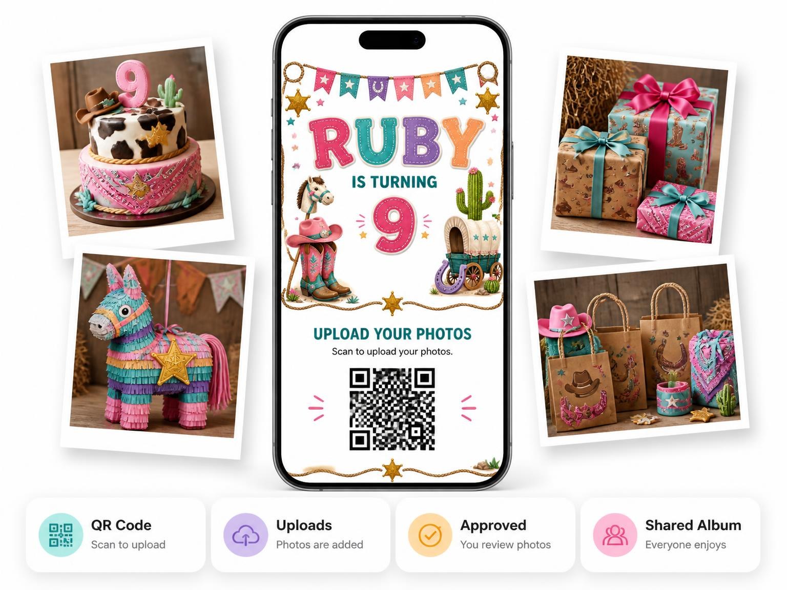 The shared photo gallery that comes with the Stitched Cowboy 9th Birthday Invitation invitation