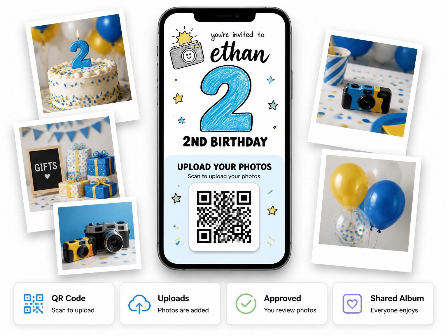 The shared photo gallery that comes with the Crayon Blue Camera 2nd Birthday invitation