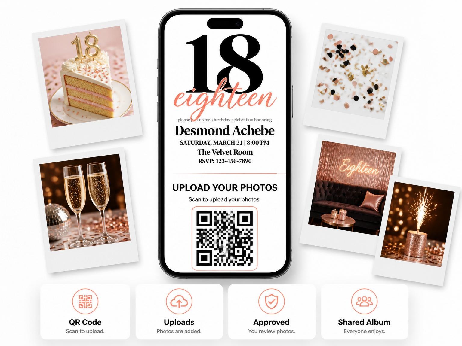 The shared photo gallery that comes with the Coral Charcoal Typographic 18th Birthday invitation
