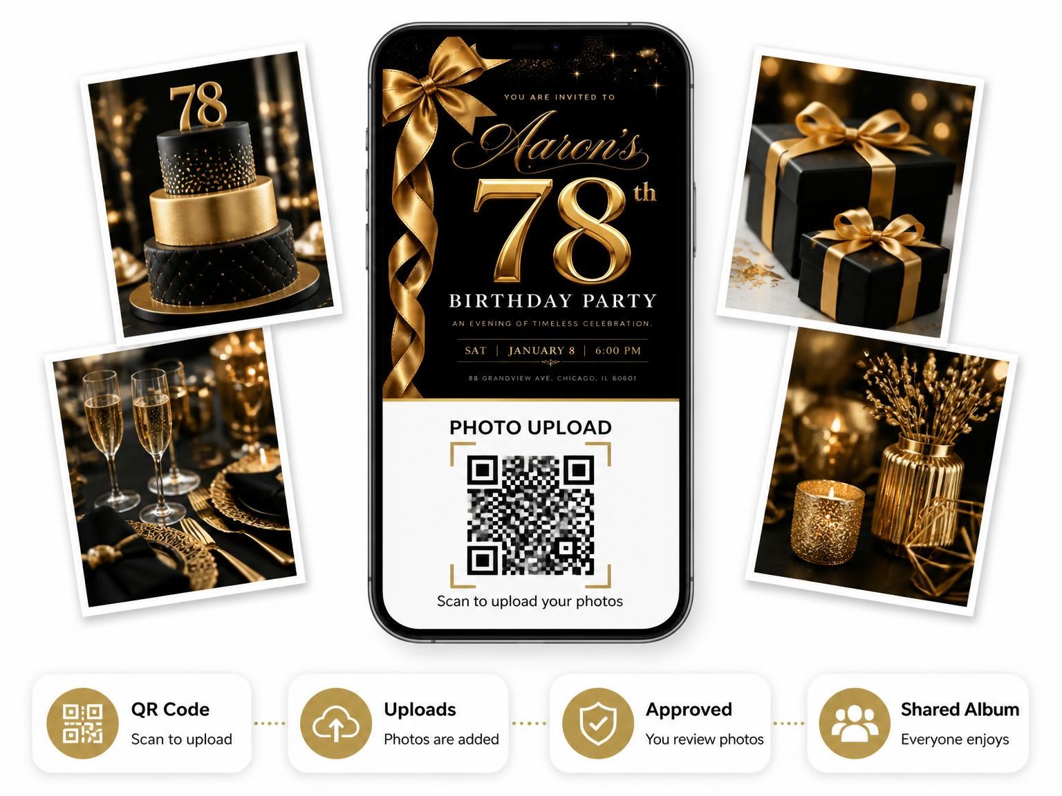 The shared photo gallery that comes with the Black and Gold Ribbon 78th Birthday invitation