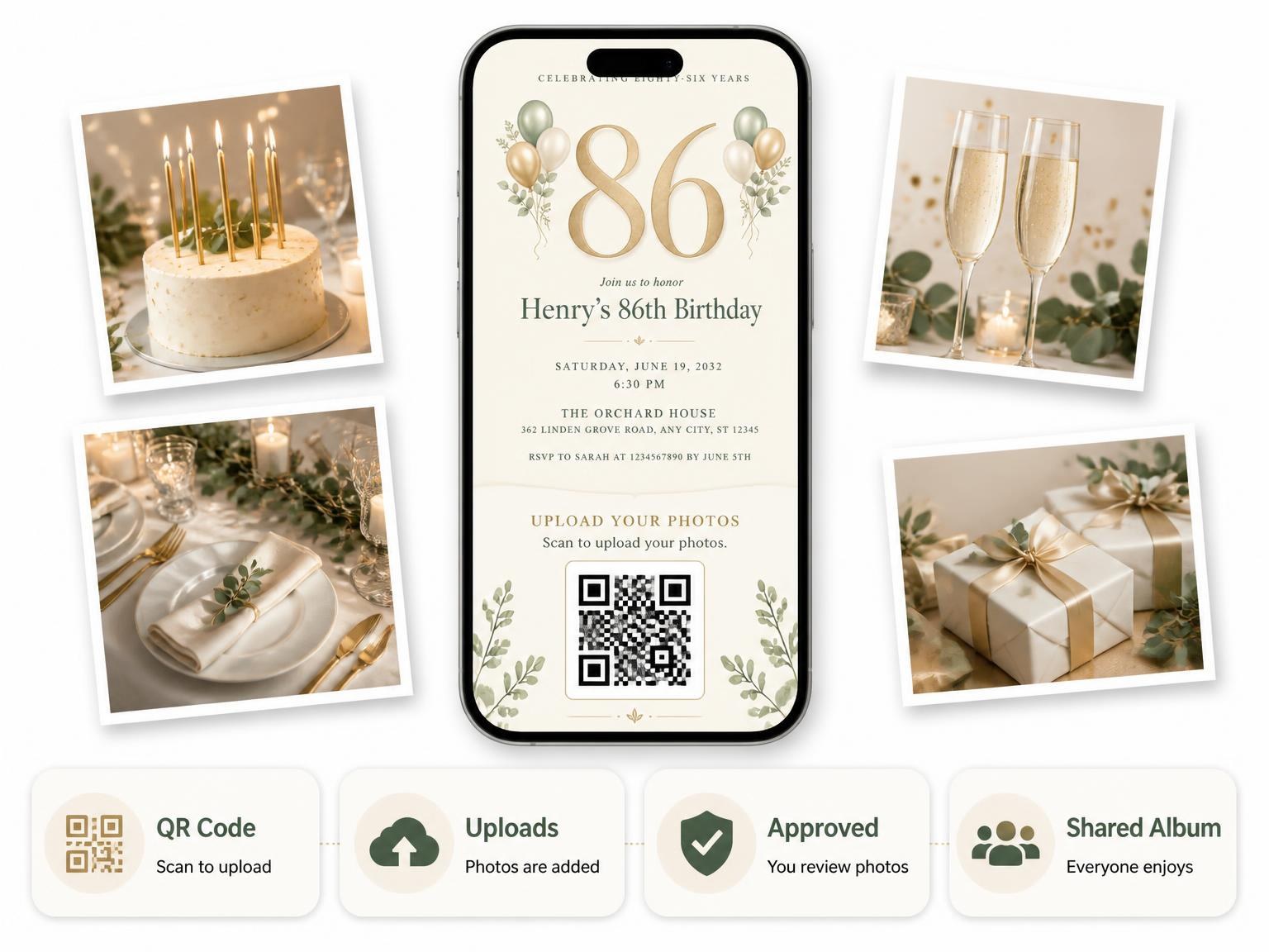 The shared photo gallery that comes with the Sage and Ivory 86th Birthday Invitation invitation