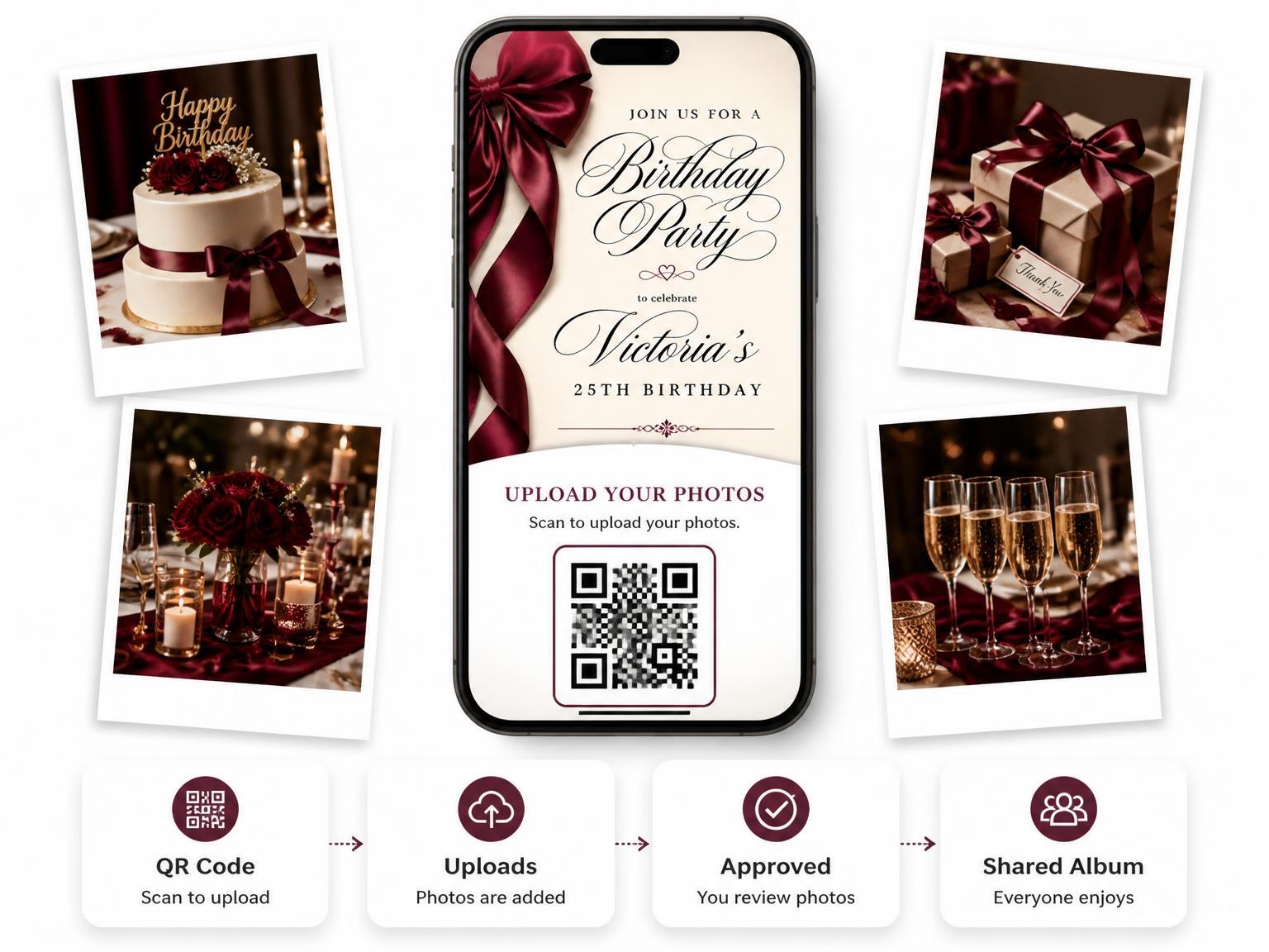 The shared photo gallery that comes with the Burgundy Satin Bow 25th Birthday Invitation invitation