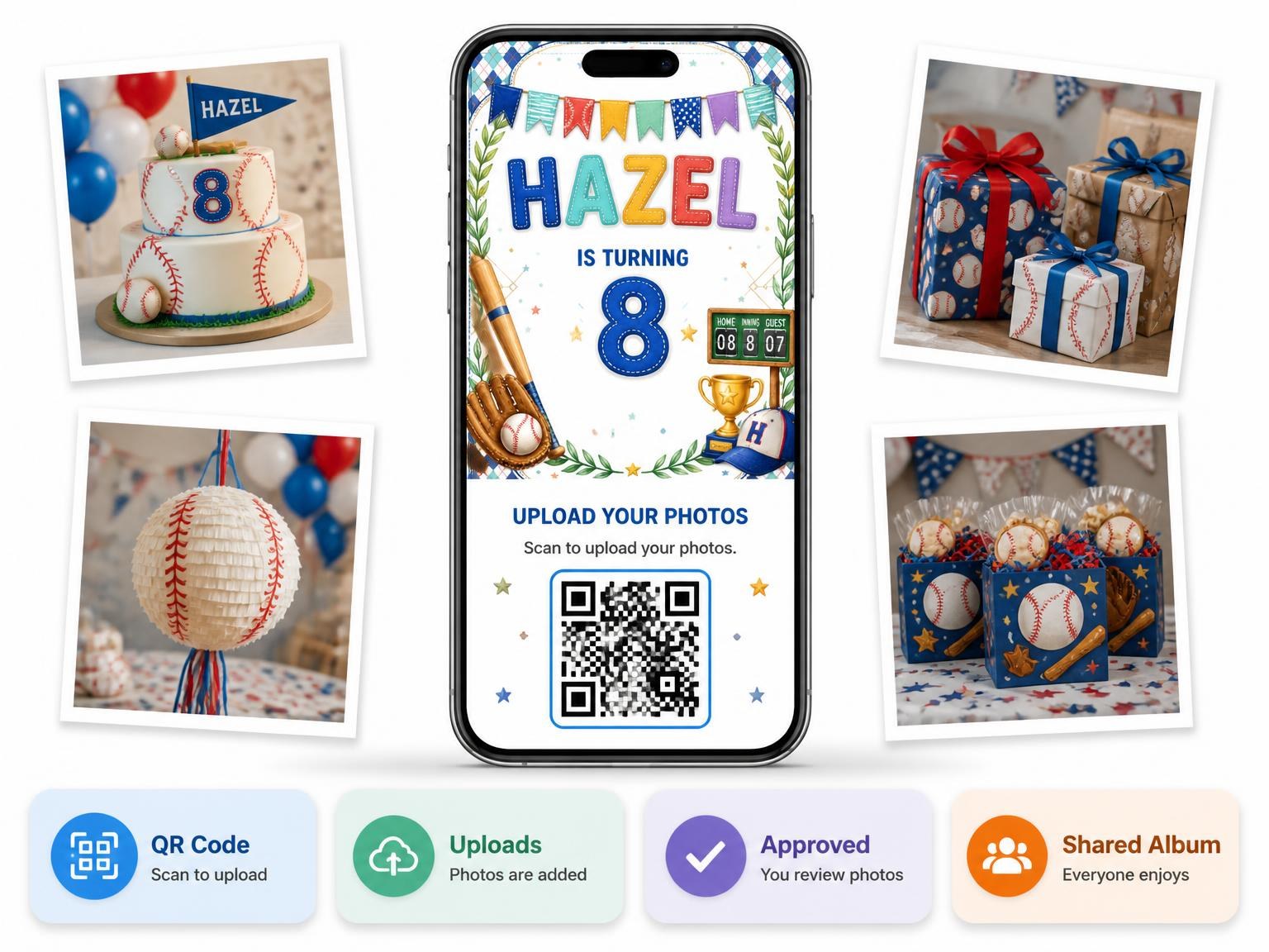 The shared photo gallery that comes with the Stitched Baseball 8th Birthday Invitation invitation