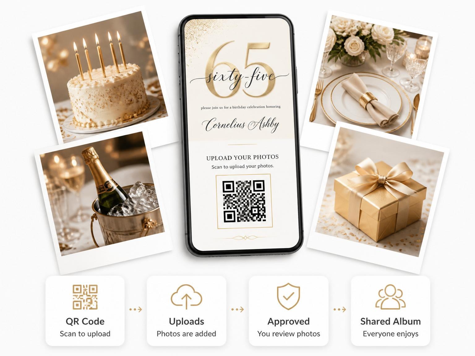 The shared photo gallery that comes with the Gold Foil Minimalist 65th Birthday invitation