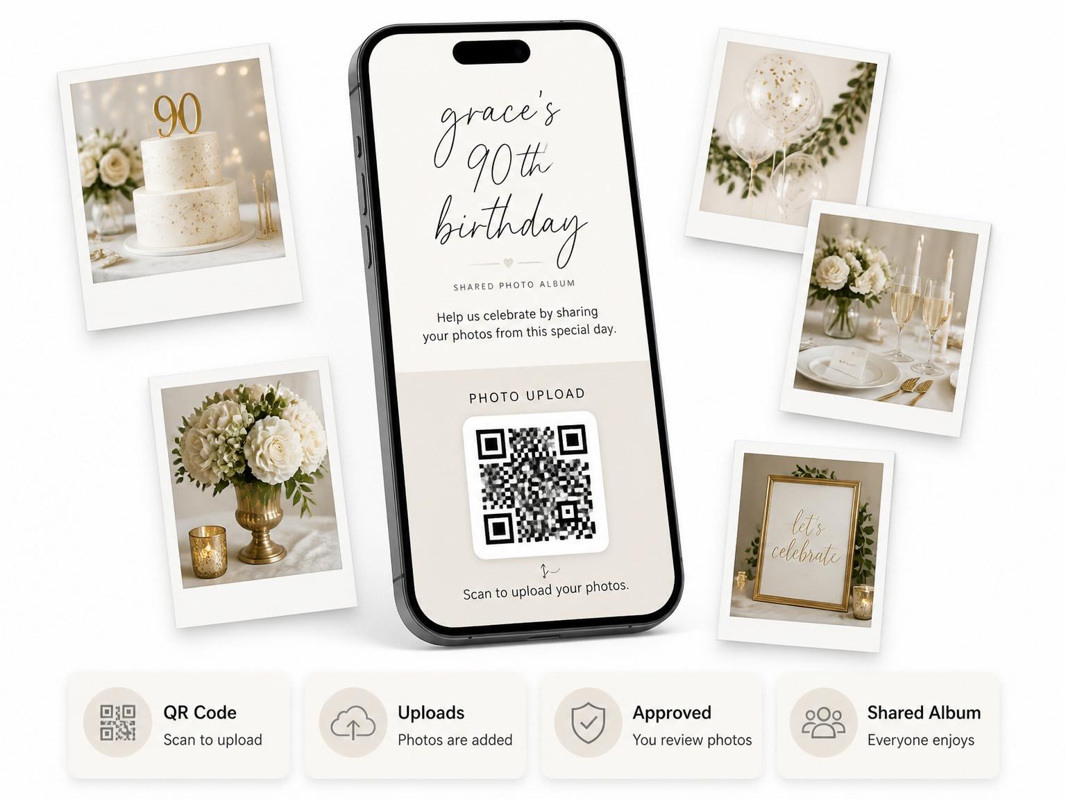 The shared photo gallery that comes with the Cream Minimalist Calligraphy Milestone Birthday invitation