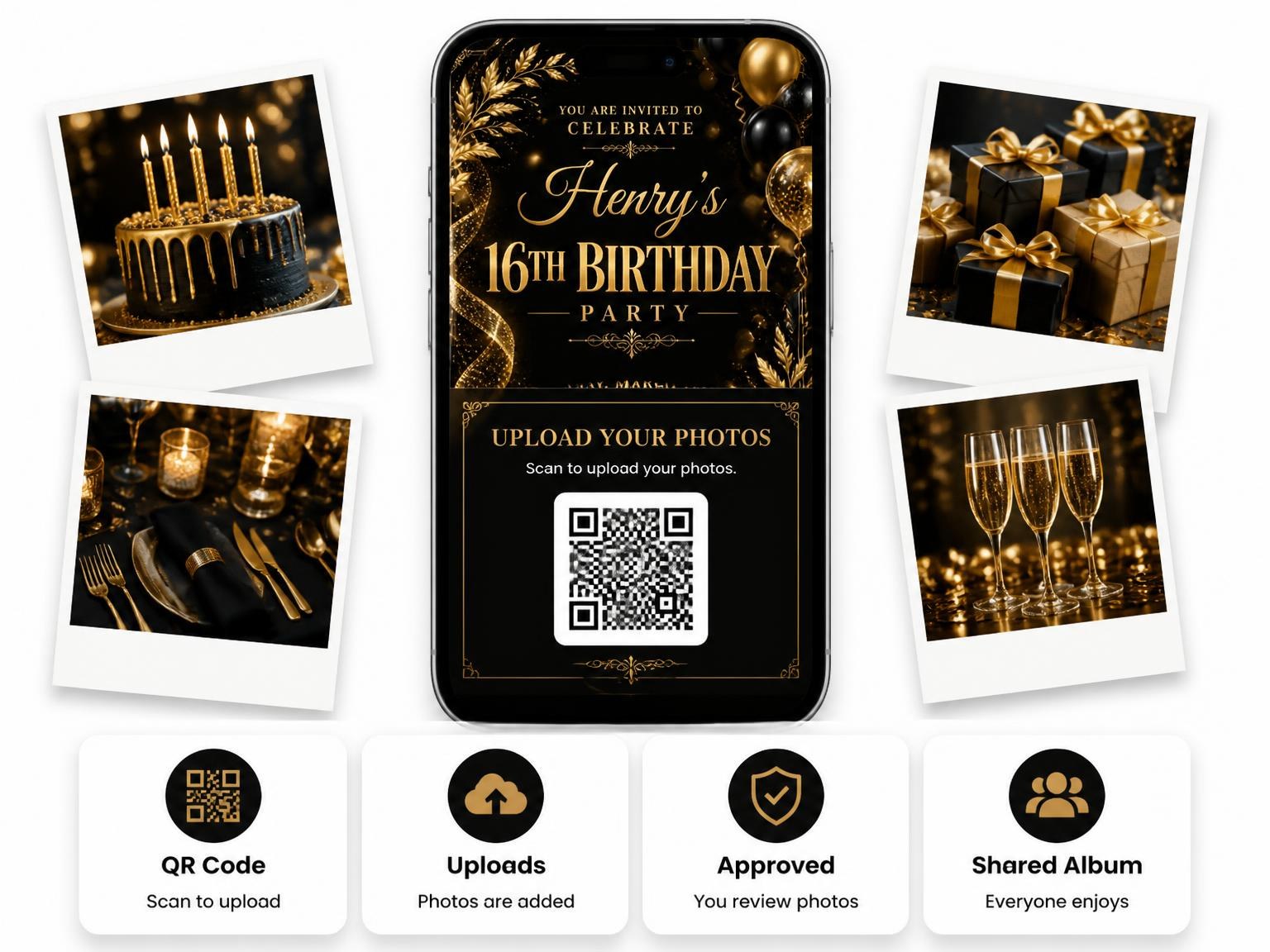 The shared photo gallery that comes with the Black and Gold 16th Birthday Invitation invitation