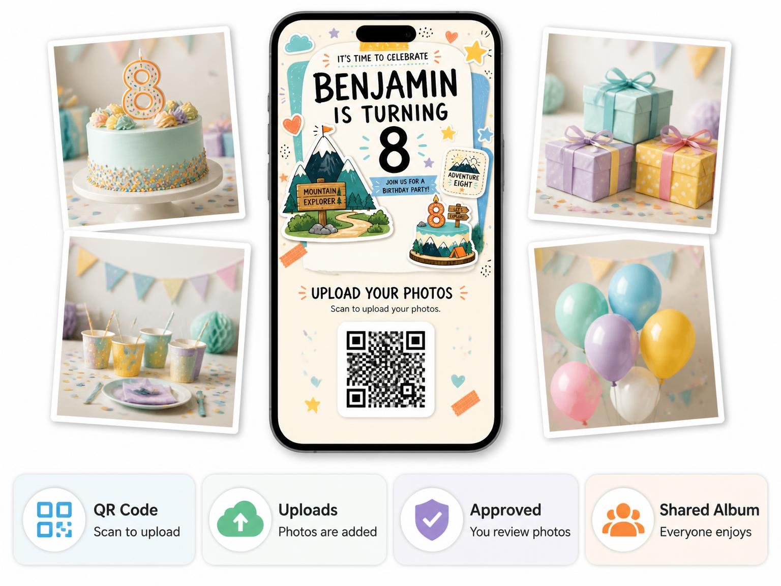 The shared photo gallery that comes with the Pastel Mountain Explorer 8th Birthday Invitation invitation