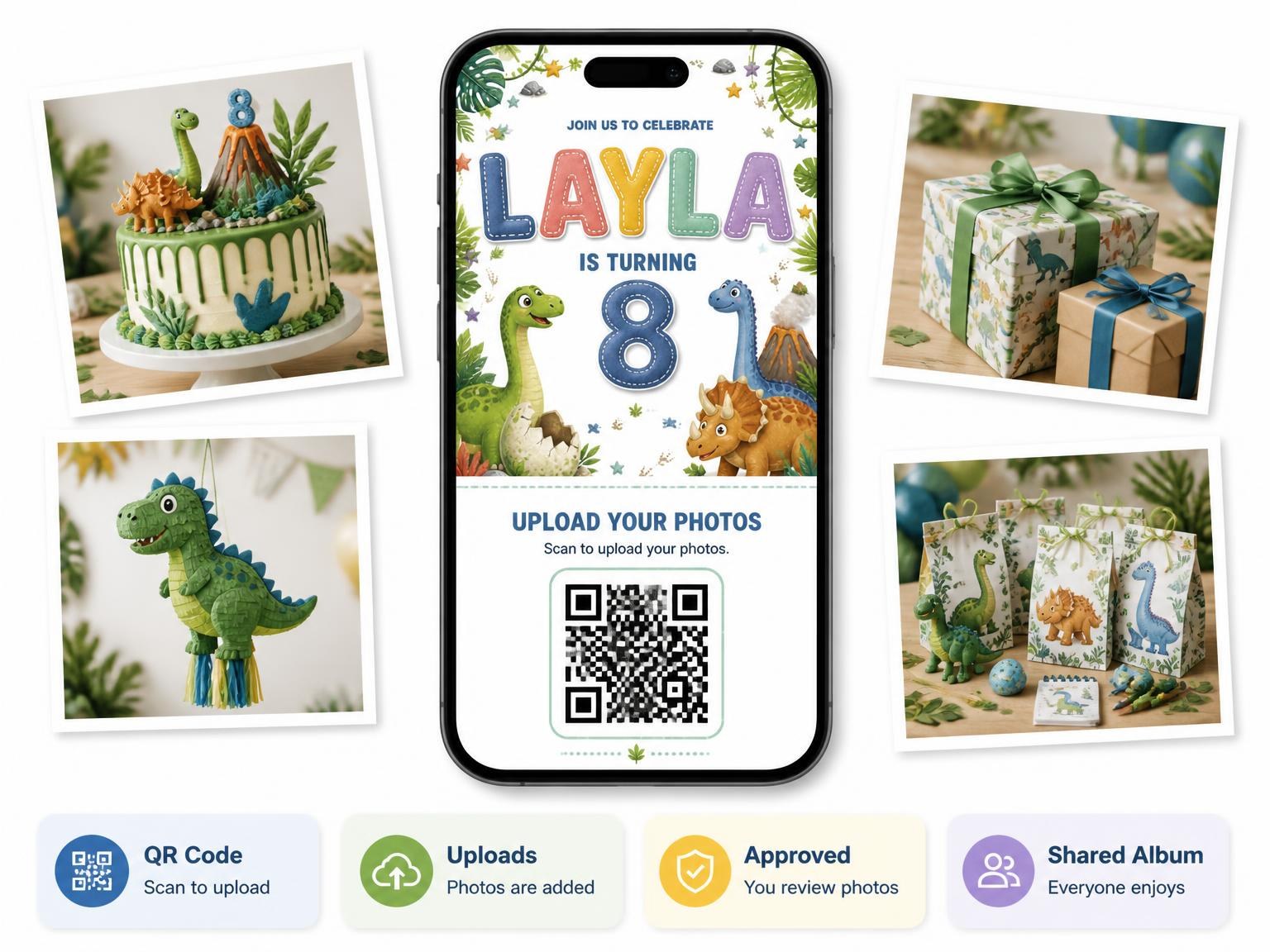 The shared photo gallery that comes with the Stitched Dinosaur 8th Birthday Invitation invitation