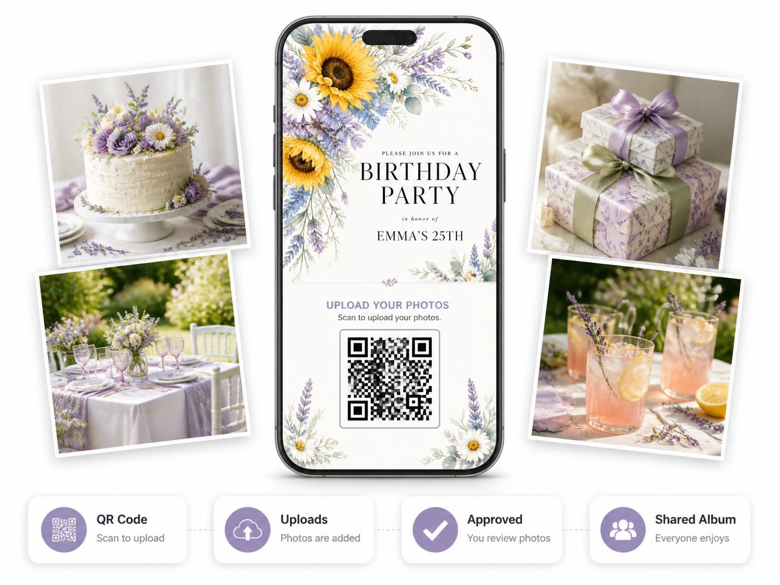 The shared photo gallery that comes with the Sunflowers Lavender 25th Birthday Invitation invitation