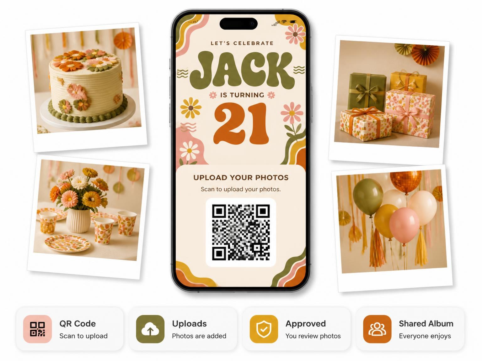 The shared photo gallery that comes with the Groovy Retro 21st Birthday Invitation invitation
