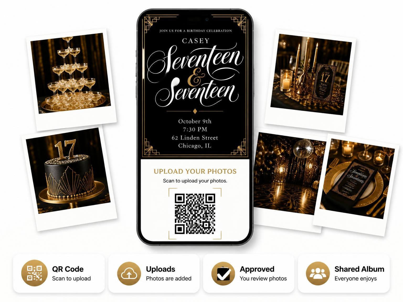The shared photo gallery that comes with the Art Deco 17th Birthday Invitation invitation