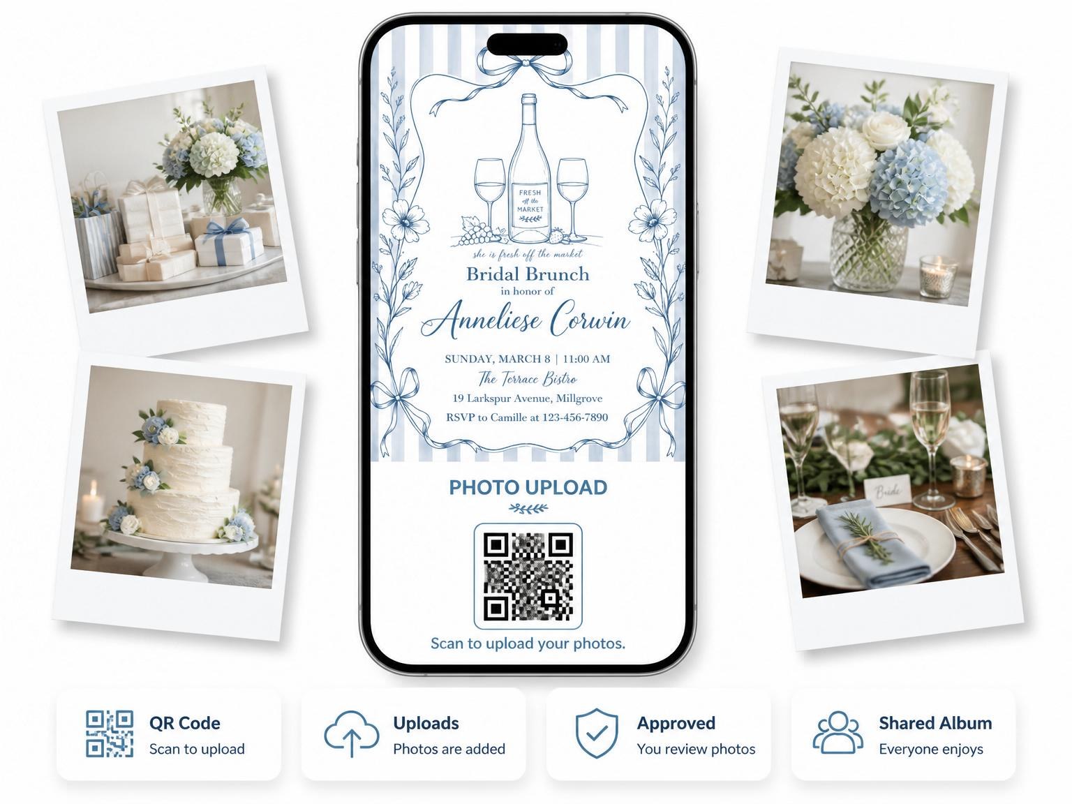 The shared photo gallery that comes with the Blue Toile Wine Bridal Brunch invitation