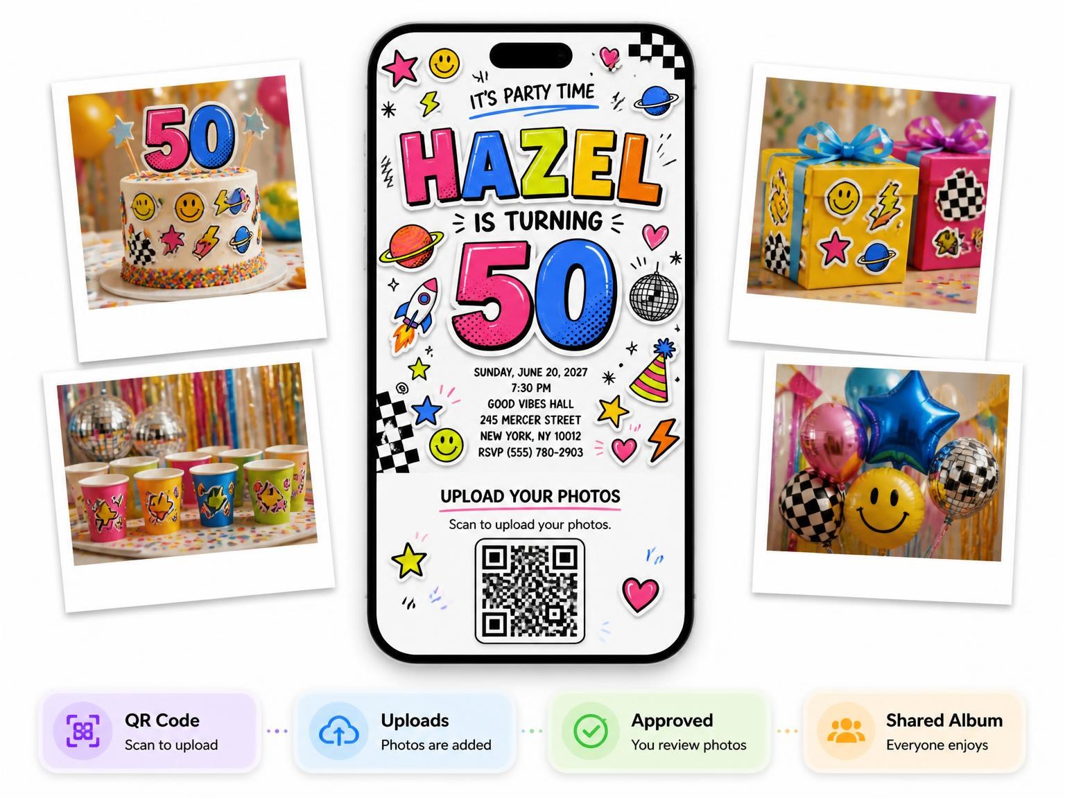 The shared photo gallery that comes with the Sticker Pop 50th Birthday Invitation invitation