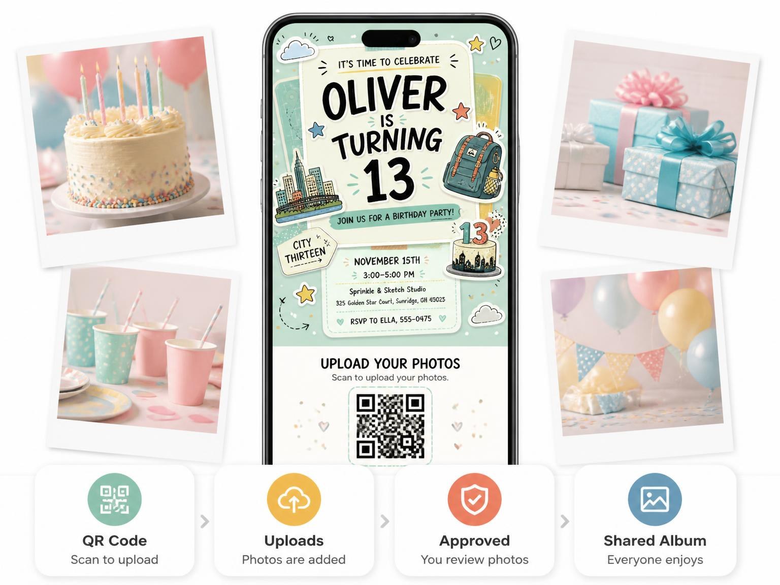 The shared photo gallery that comes with the City Skyline Pastel 13th Birthday Invitation invitation