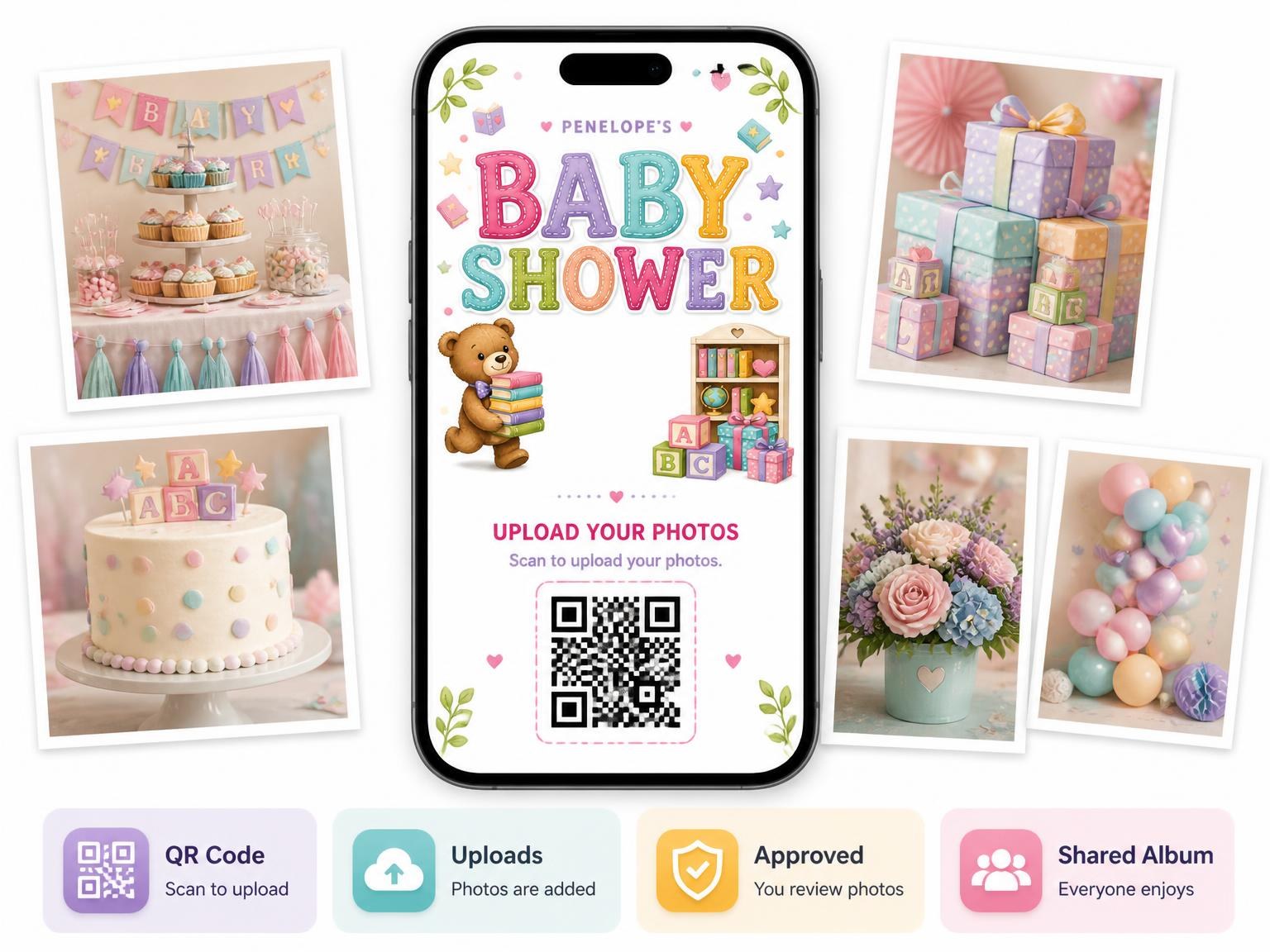 The shared photo gallery that comes with the Bookshelf Baby Shower Invitation invitation