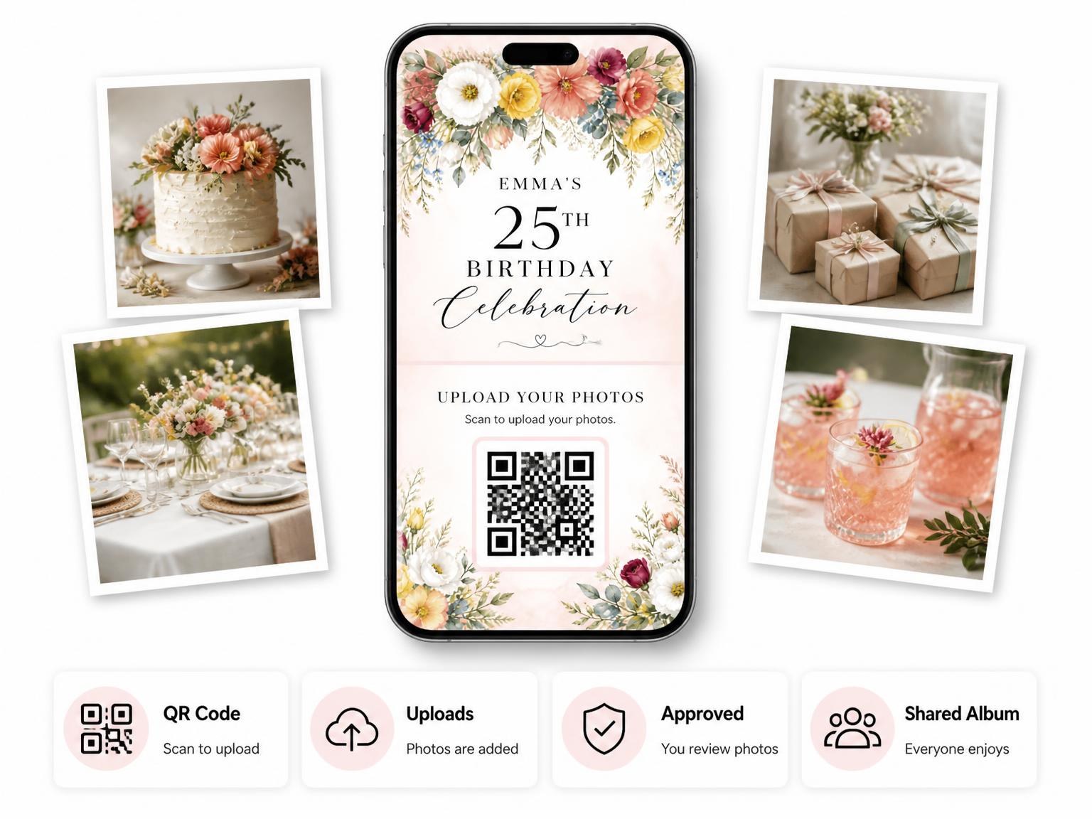 The shared photo gallery that comes with the Garland Bouquets Golden 25th Birthday Invitation invitation