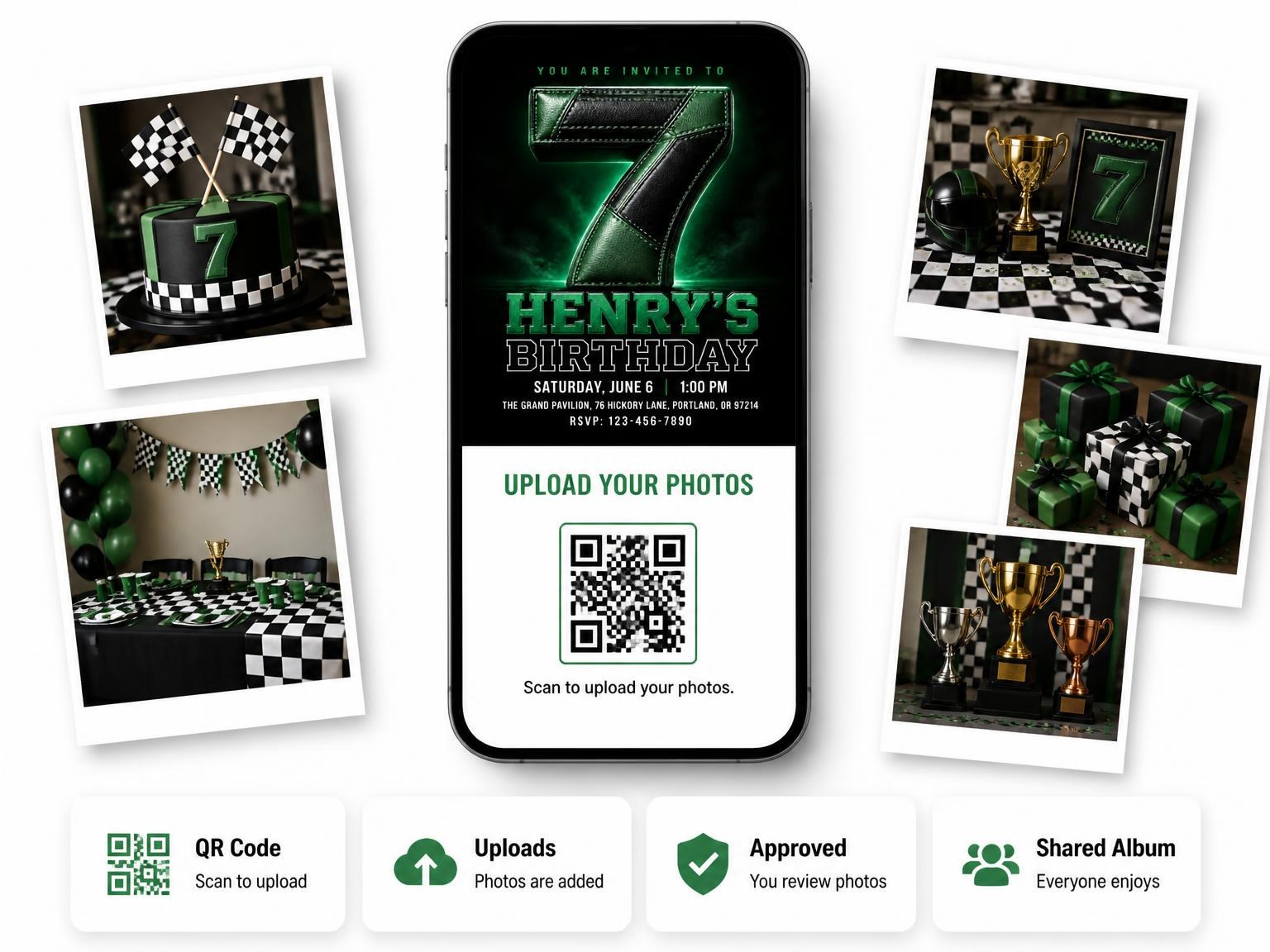The shared photo gallery that comes with the Neon Sports 7th Birthday Invitation invitation