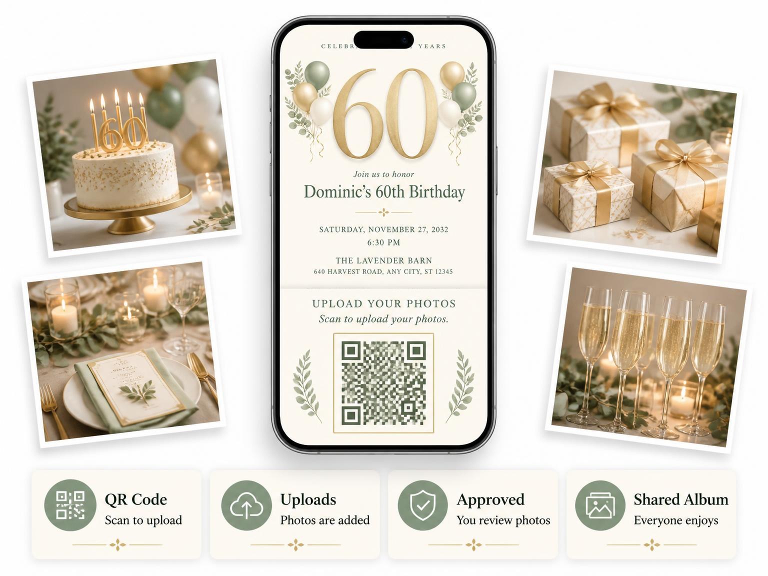 The shared photo gallery that comes with the Sage and Ivory 60th Birthday Invitation invitation