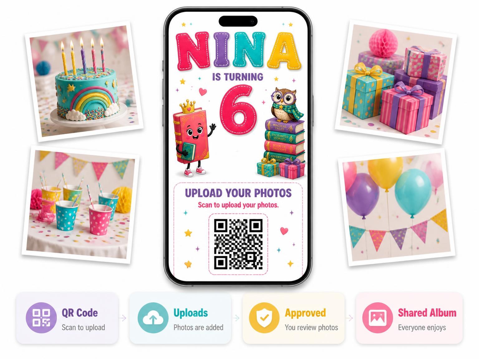 The shared photo gallery that comes with the Stitched Storybook 6th Birthday Invitation invitation