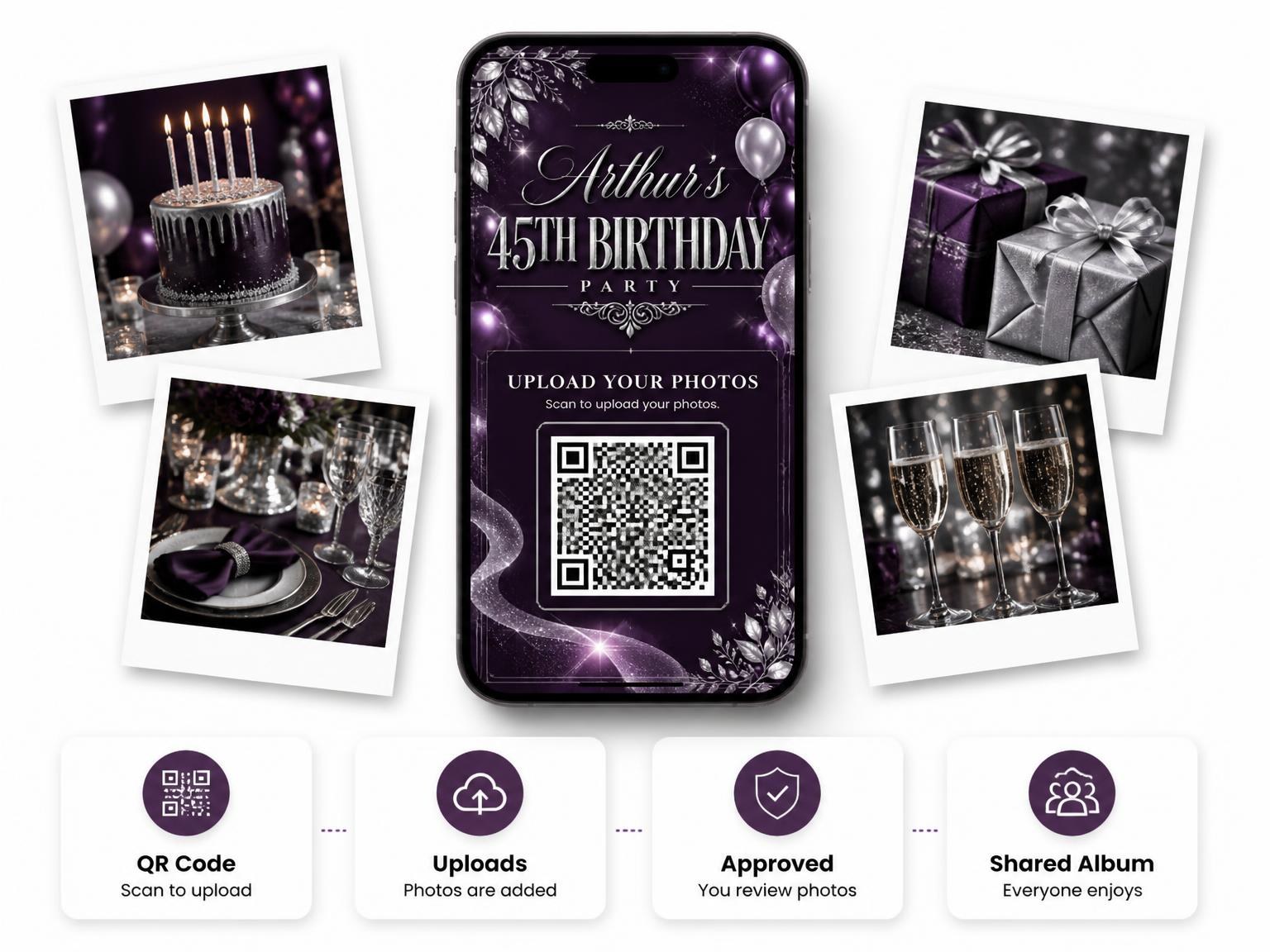 The shared photo gallery that comes with the Plum and Silver 45th Birthday Invitation invitation