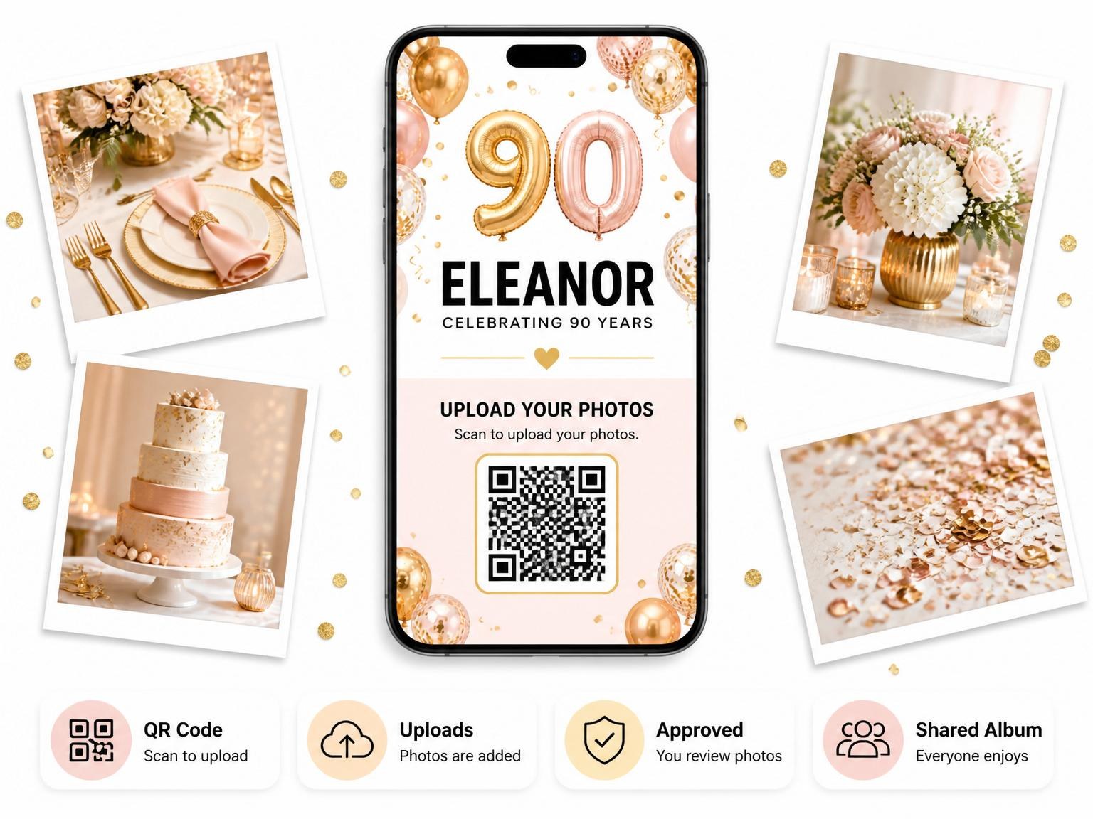 The shared photo gallery that comes with the Rose Gold Balloon 90th Birthday invitation