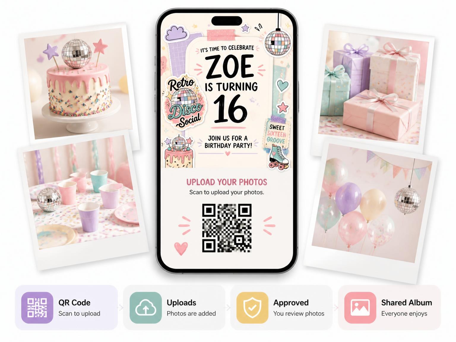 The shared photo gallery that comes with the Disco Ball Pastel 16th Birthday Invitation invitation