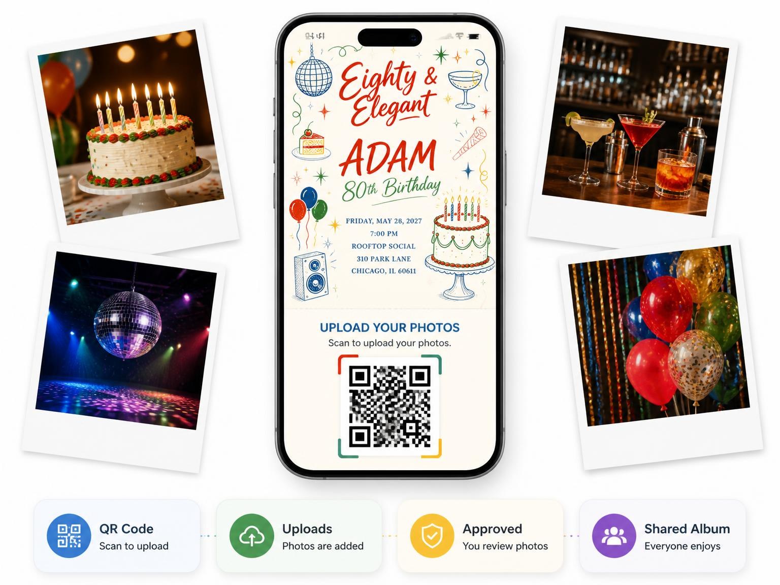 The shared photo gallery that comes with the Retro Doodle 80th Birthday Invitation invitation