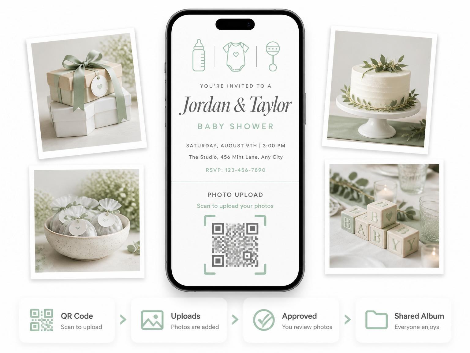 The shared photo gallery that comes with the Sage Green Icon Baby Shower invitation