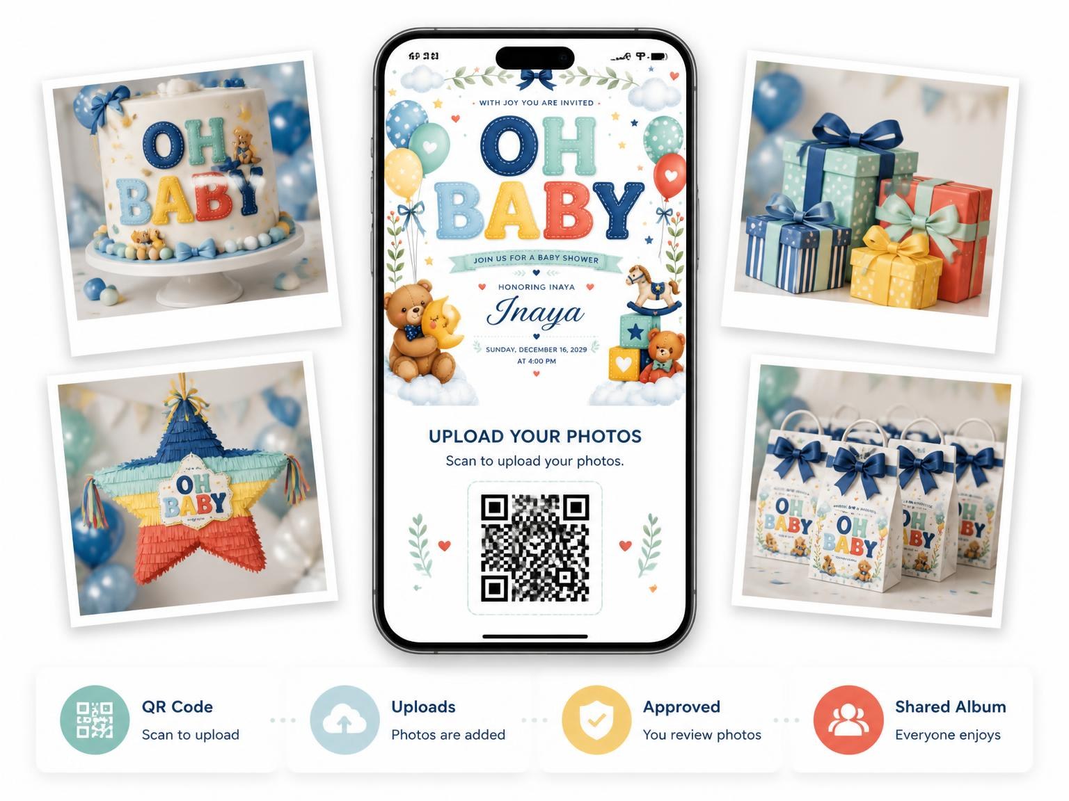 The shared photo gallery that comes with the Floating Balloons Baby Shower Invitation invitation