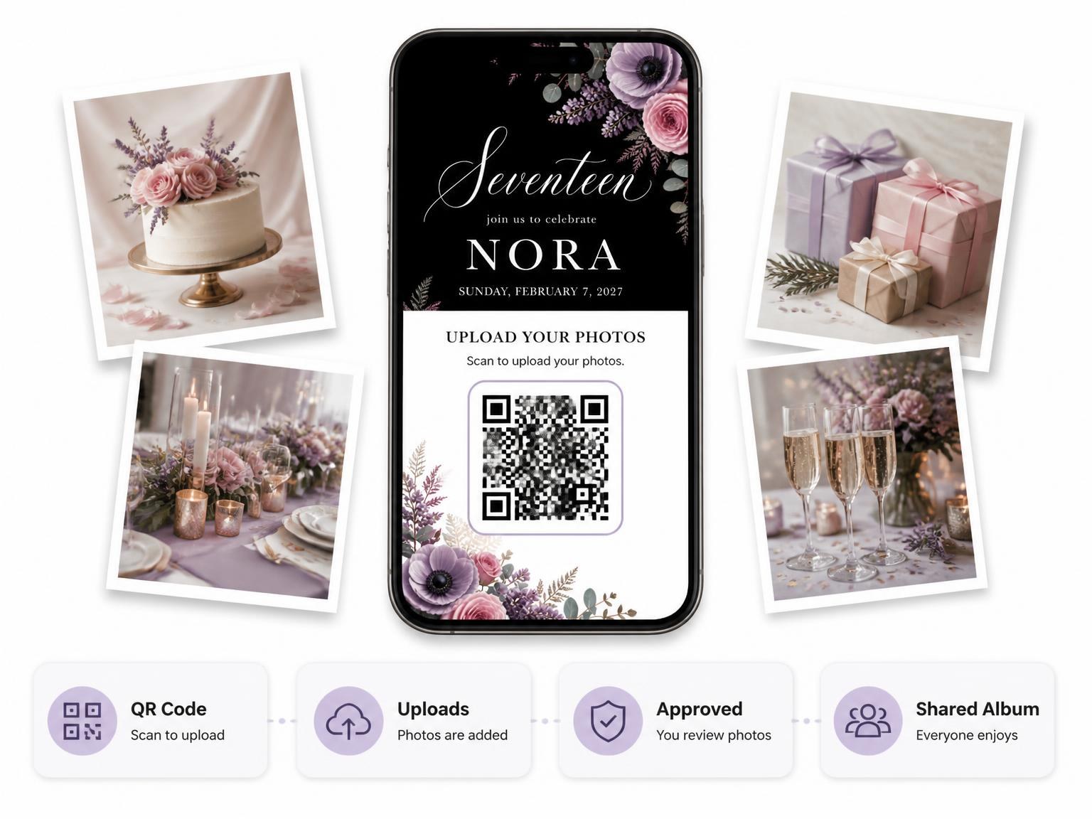 The shared photo gallery that comes with the Black Floral 17th Birthday Invitation invitation