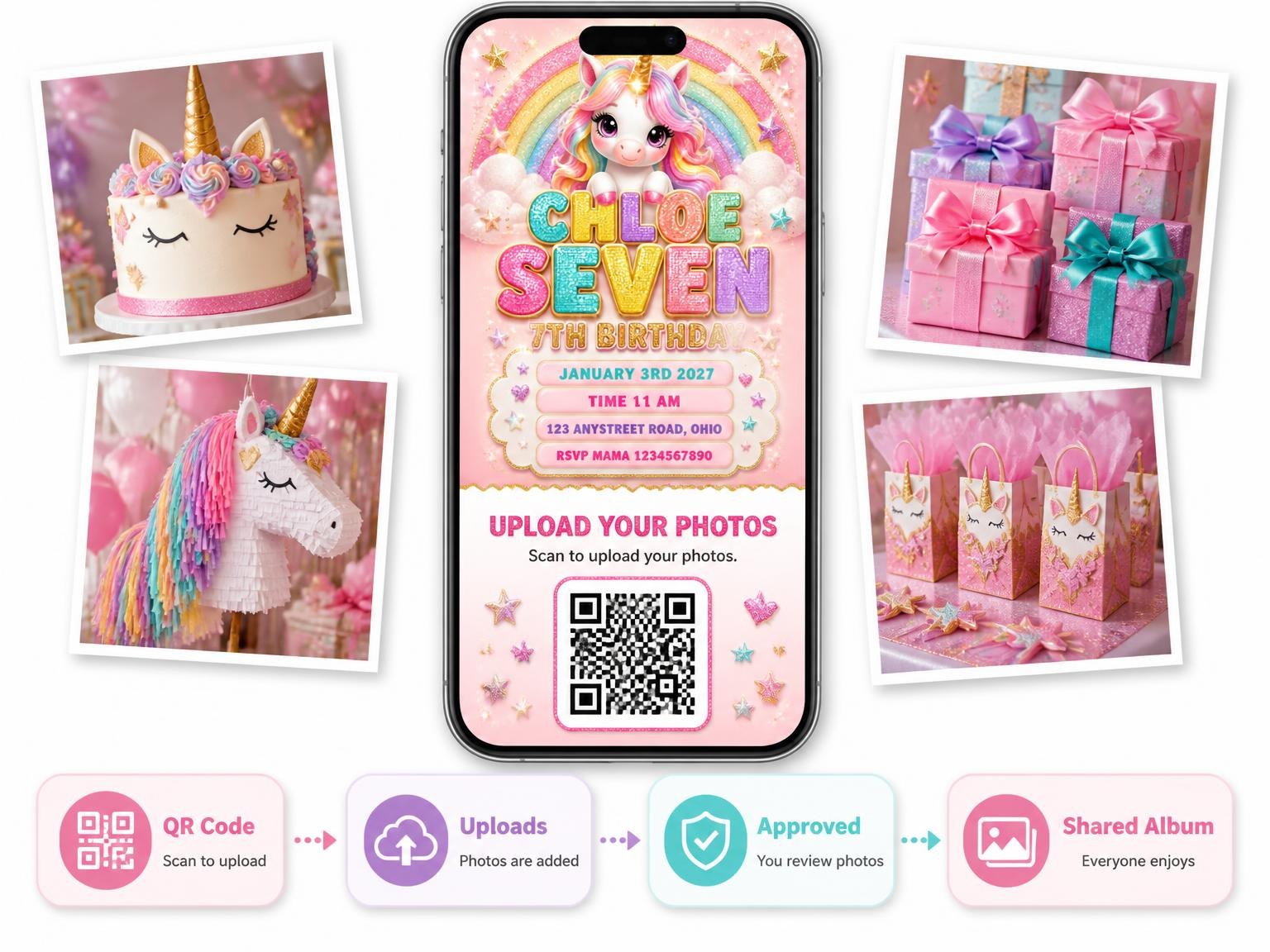 The shared photo gallery that comes with the Glitter Unicorn 7th Birthday Invitation invitation